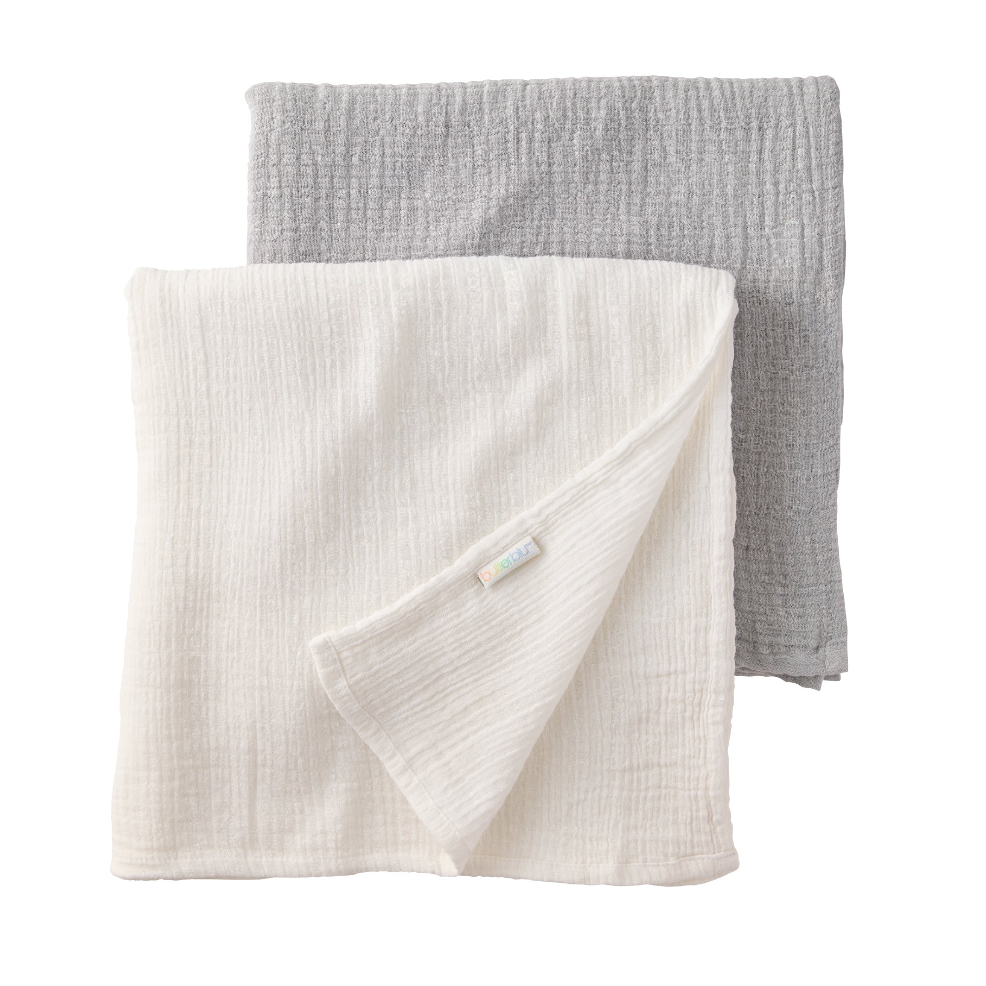 Two folded fabric swaddling blankets, one white and one gray, on a white background.