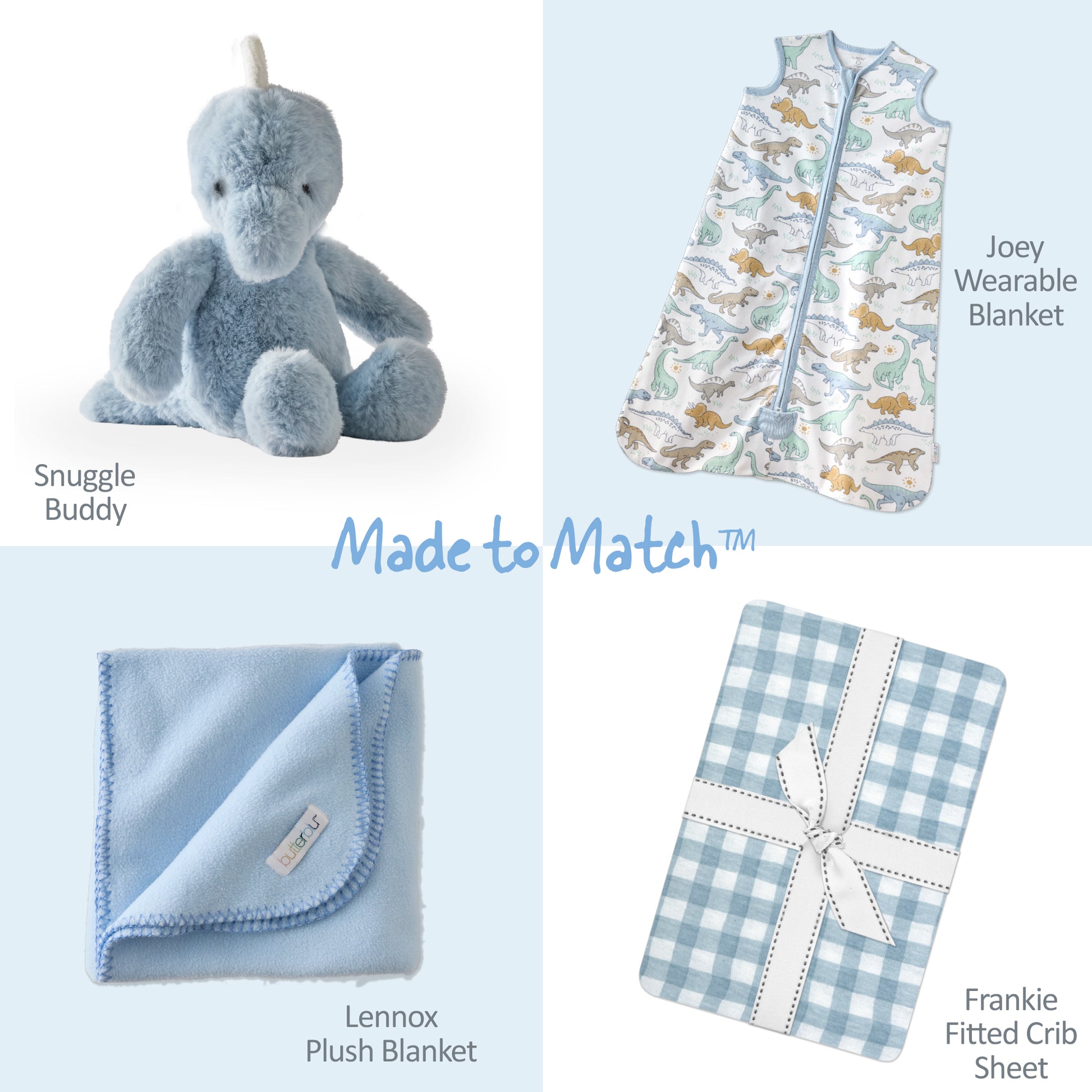 Collection of baby products including a stuffed animal, blankets, and a crib sheet with 'Made to Match' text on a light blue background.
