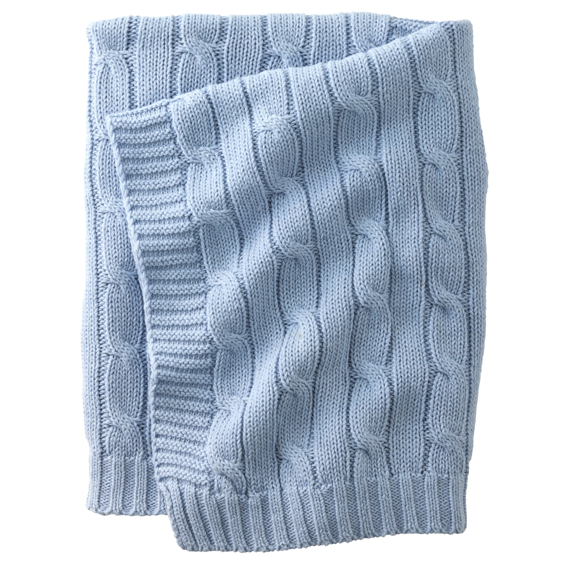 Light blue knitted blanket on a white background
