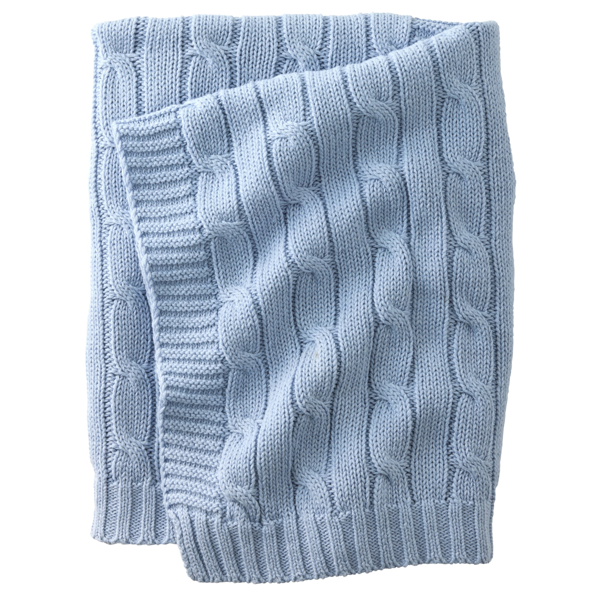 Light blue knitted blanket on a white background