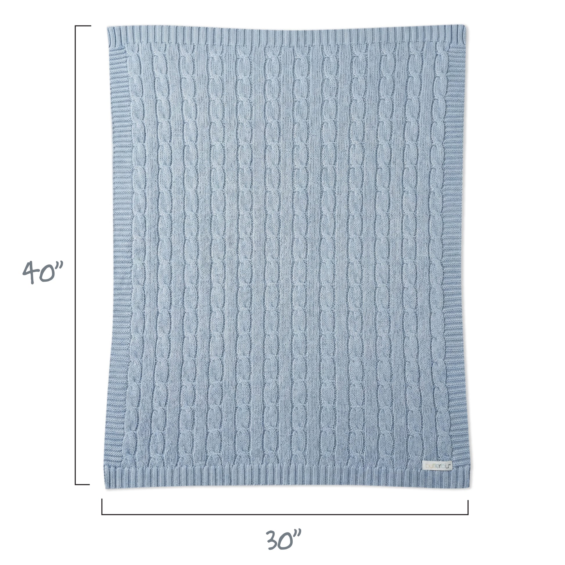 Textured blue blanket with dimensions 30" x 40" on a white background