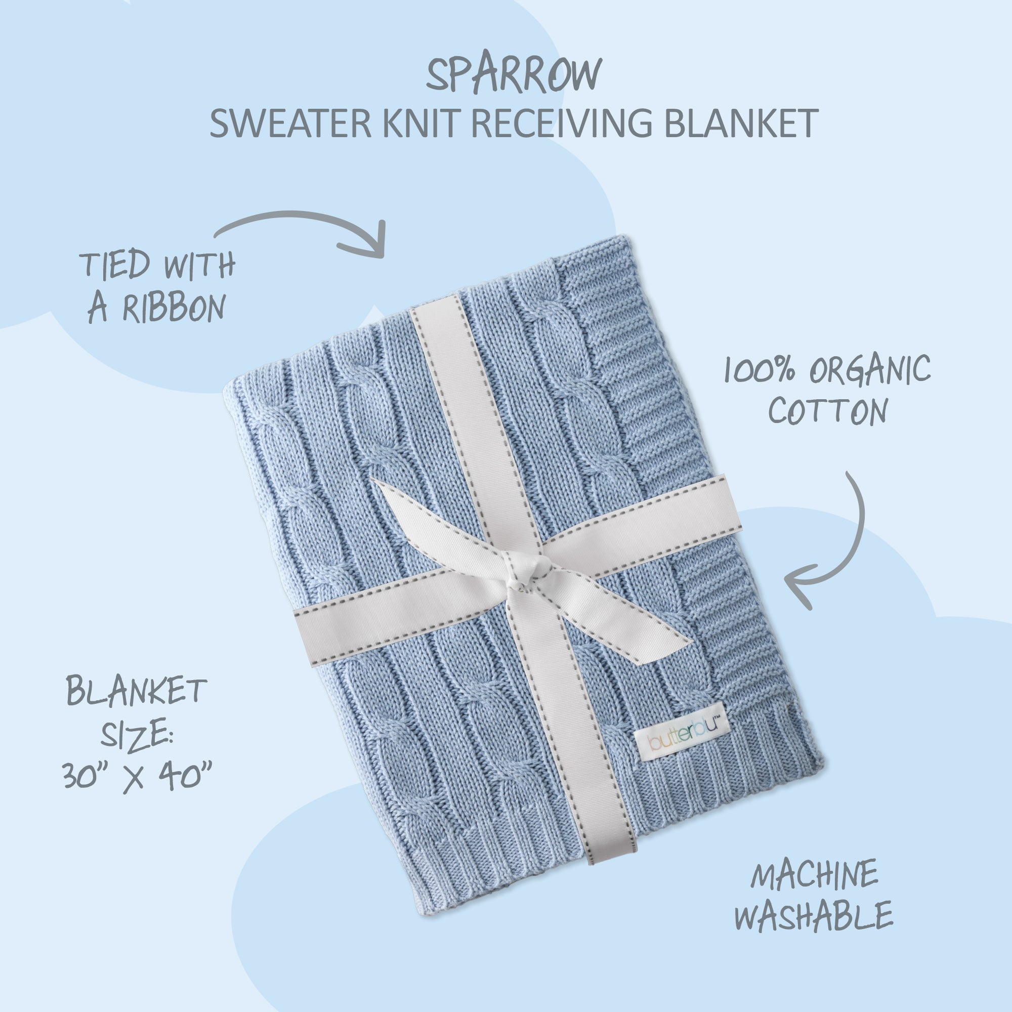Blue sweater knit receiving blanket with a ribbon on a light blue background