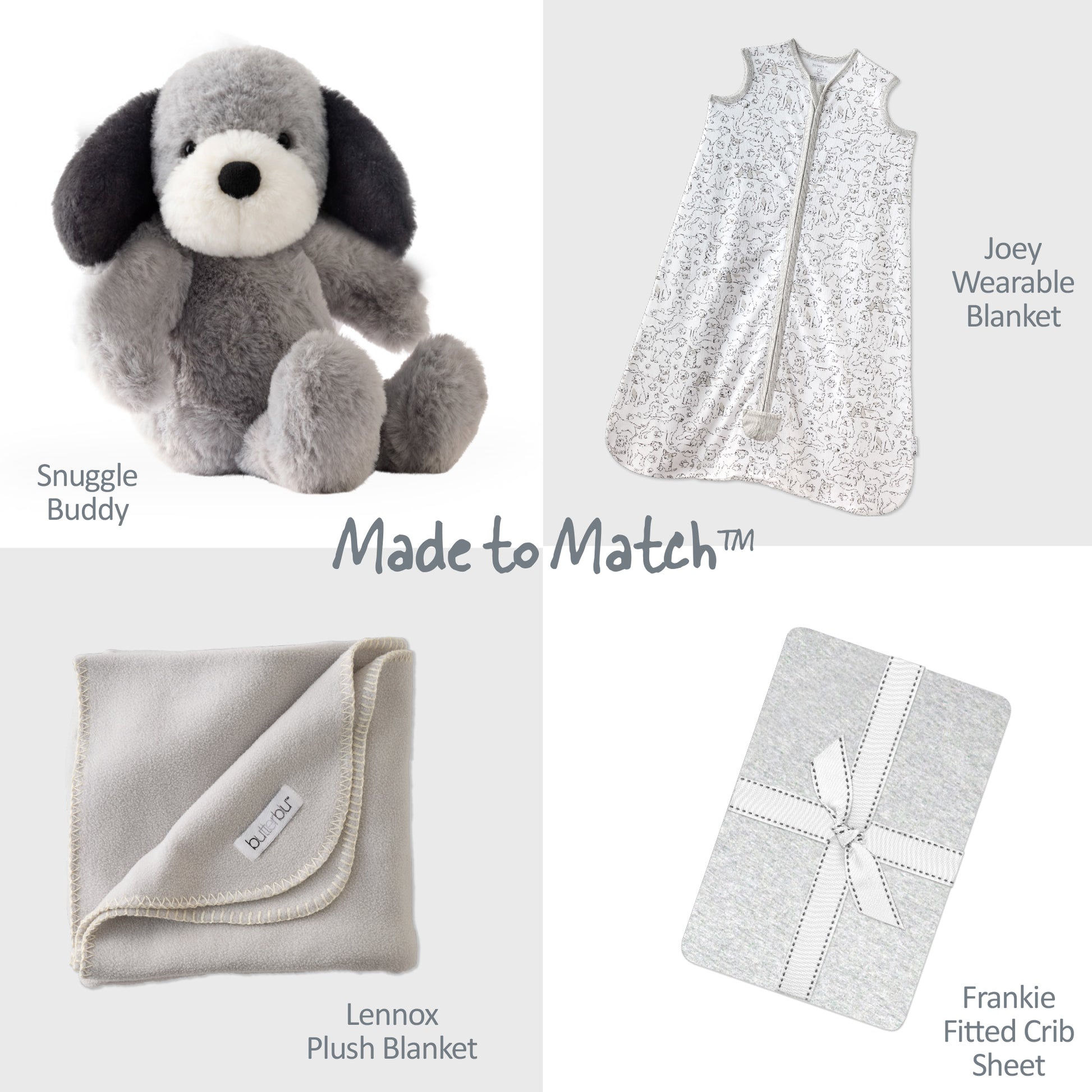 Collection of baby products including a stuffed dog, wearable blanket, plush blanket, and crib sheet on a white background.