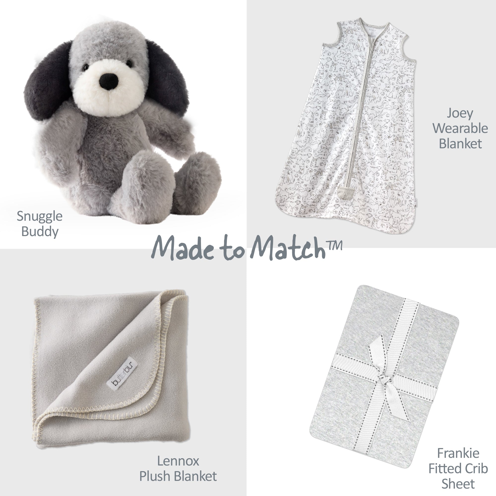 Collection of baby products including a stuffed dog, wearable blanket, plush blanket, and crib sheet on a white background.