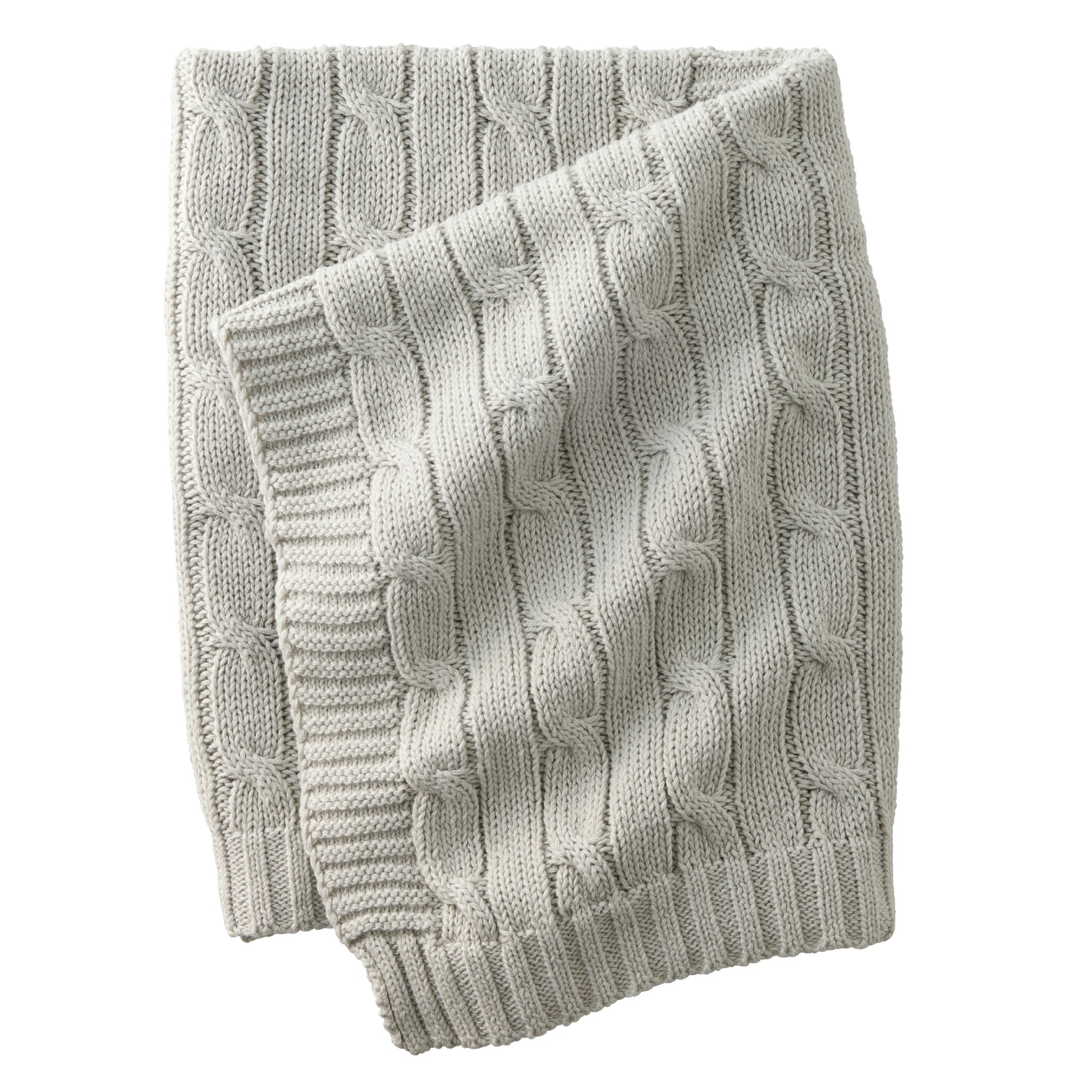 Gray cable knit blanket on a white background