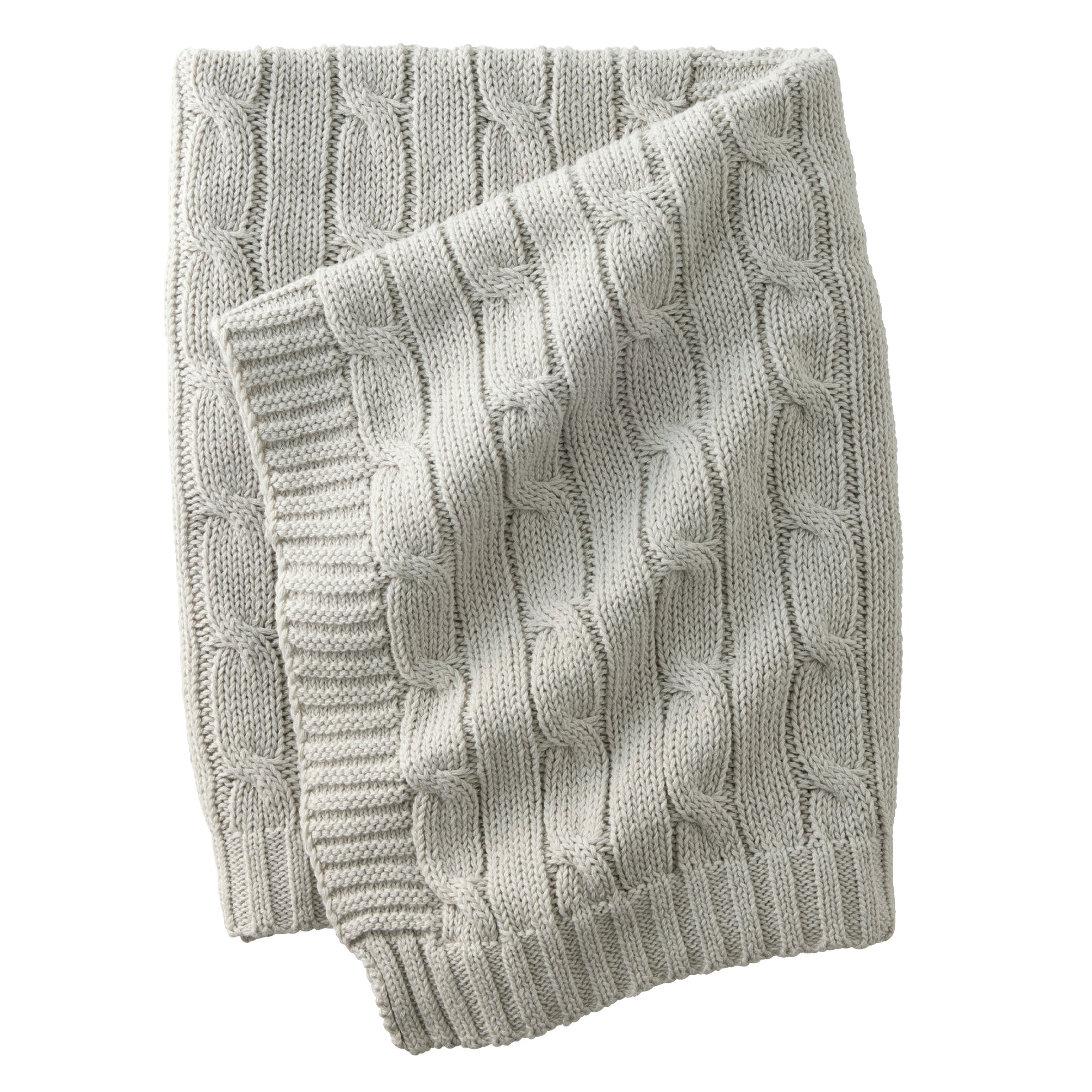 Gray cable knit blanket on a white background
