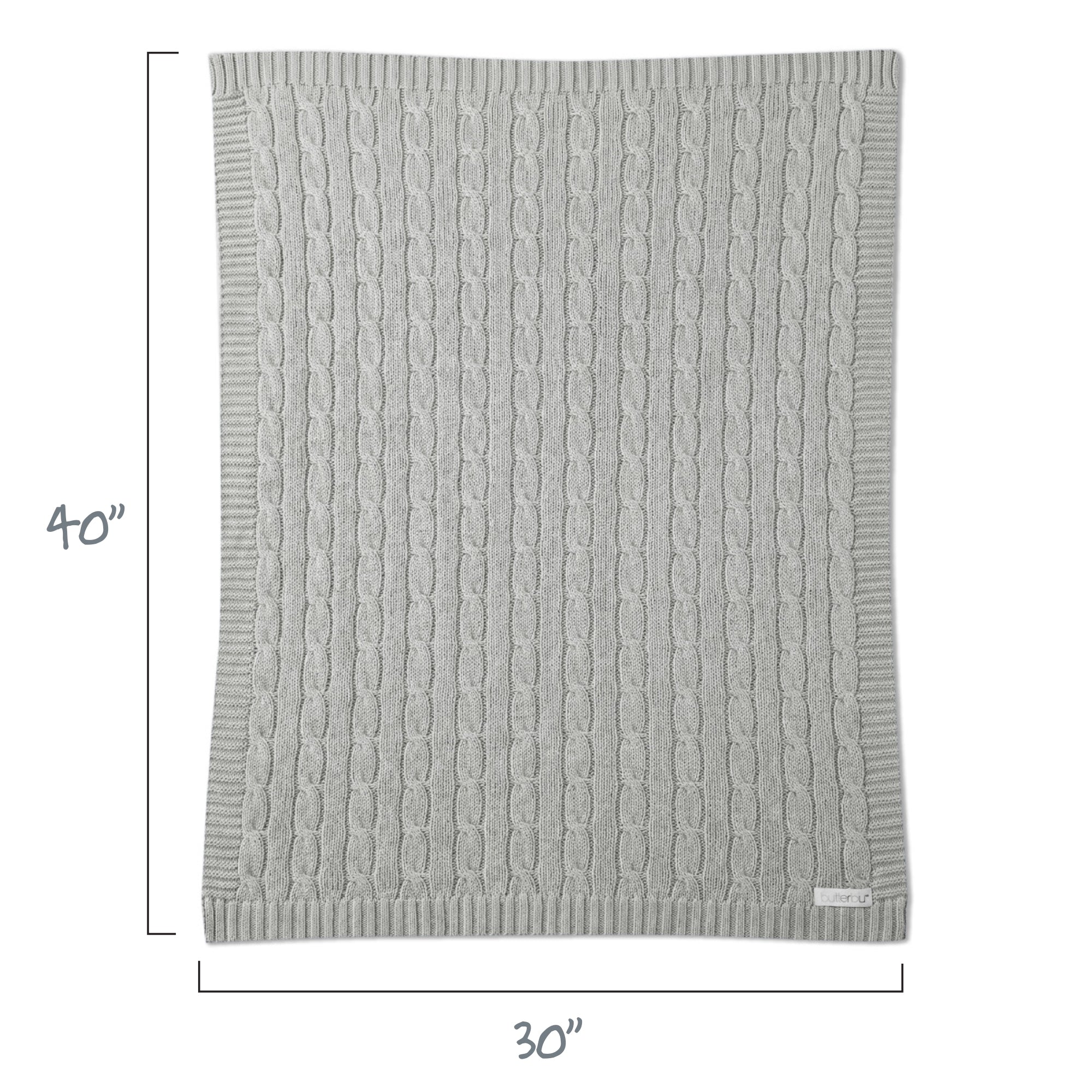 Gray textured blanket with dimensions 30" x 40" on a white background