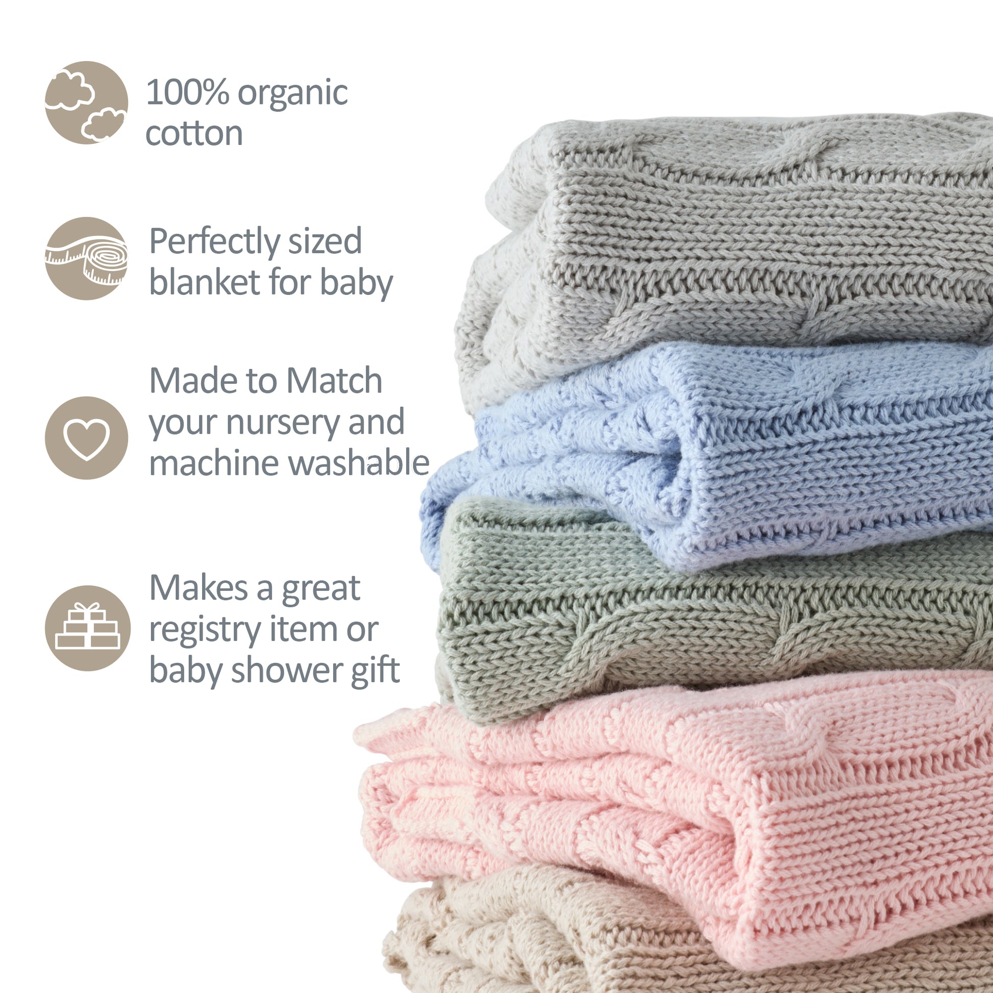 Stack of baby blankets in various colors with text highlighting features on a white background