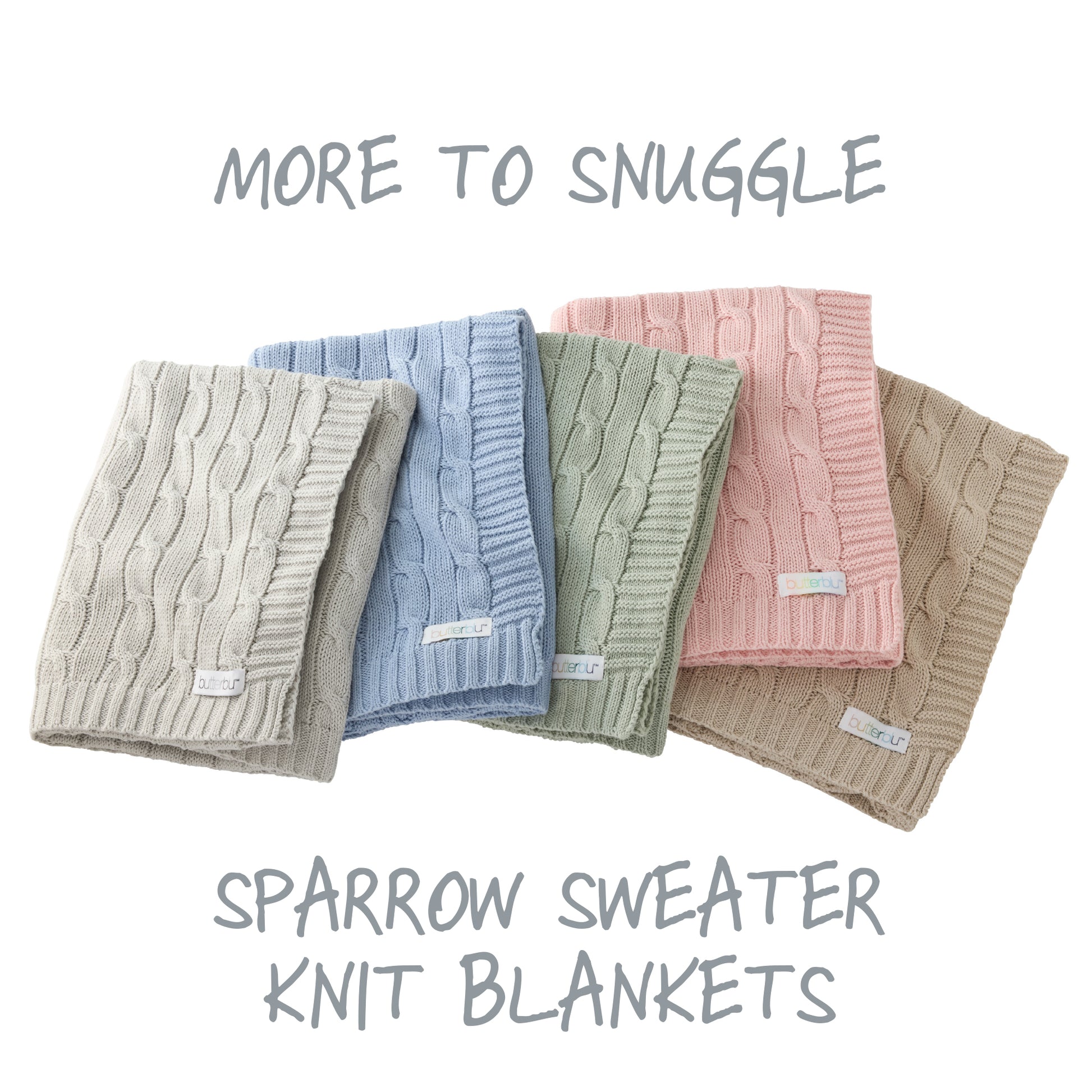 Five cable knit blankets in various colors on a white background with text 'More to Snuggle Sparrow Sweater Knit Blankets'.