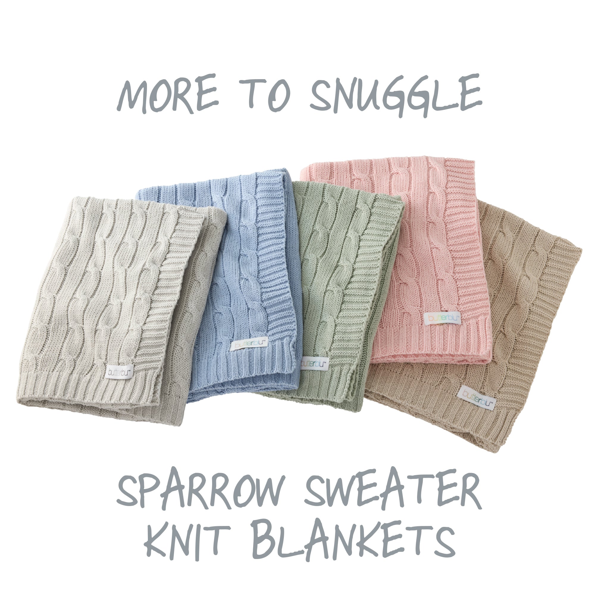 Five cable knit blankets in various colors on a white background with text 'More to Snuggle Sparrow Sweater Knit Blankets'.