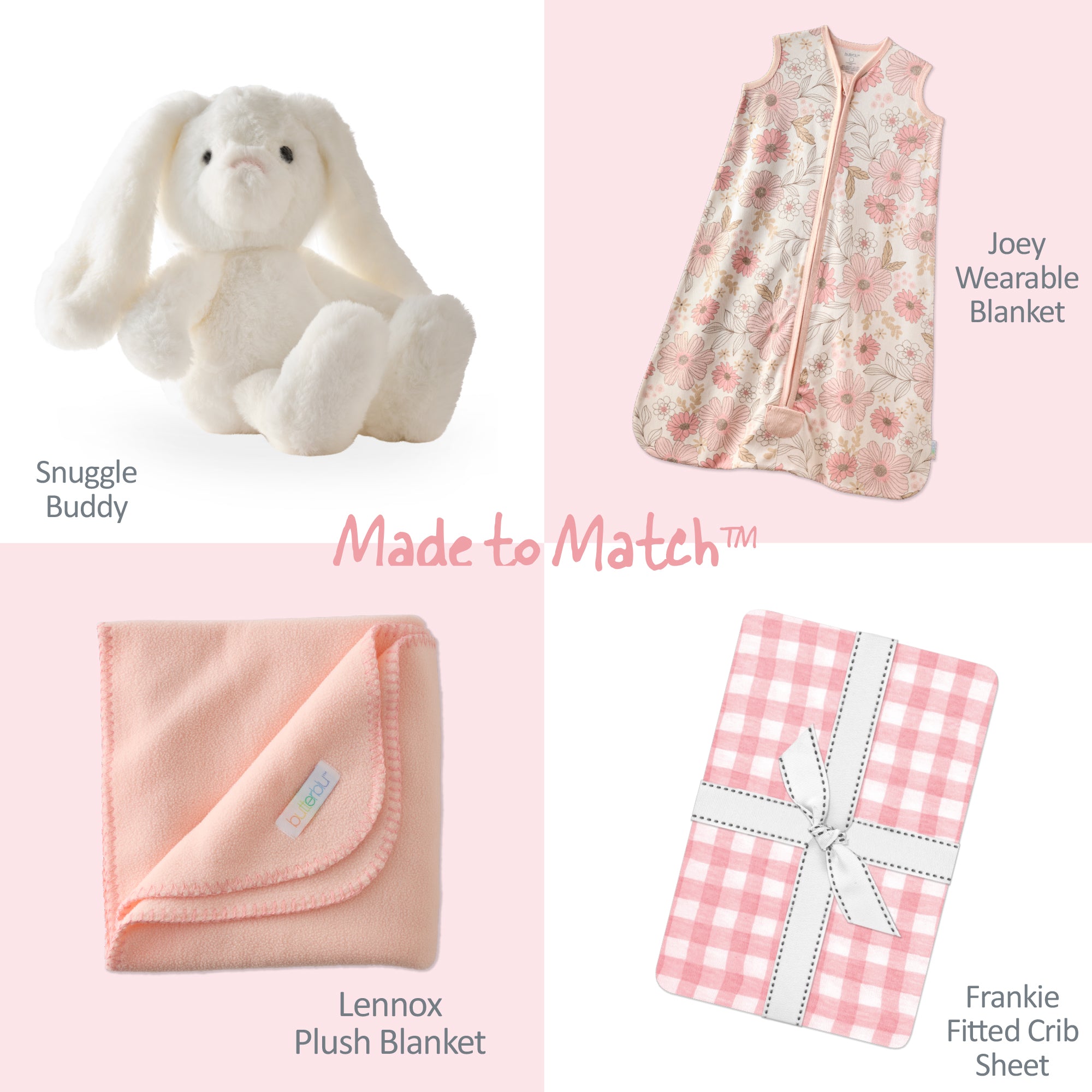 Collection of baby products including a stuffed bunny, floral Joey wearable blanket, pink plaid Frankie crib sheet, and Lennox plush blanket on a white background.