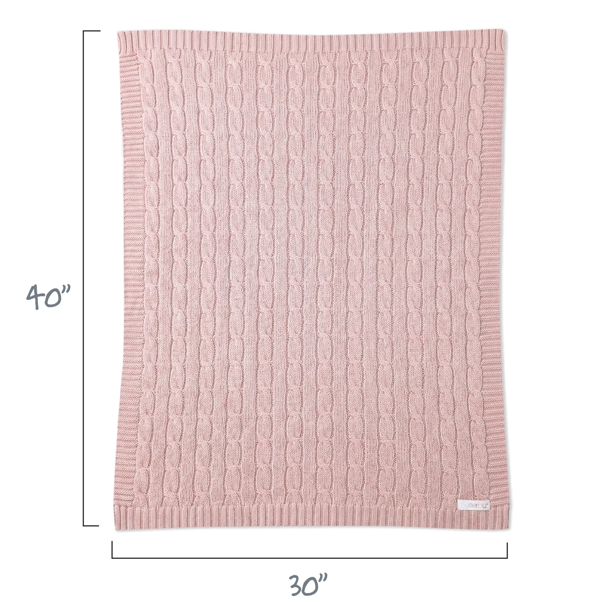 Pink textured blanket with dimensions 30" x 40" on a white background