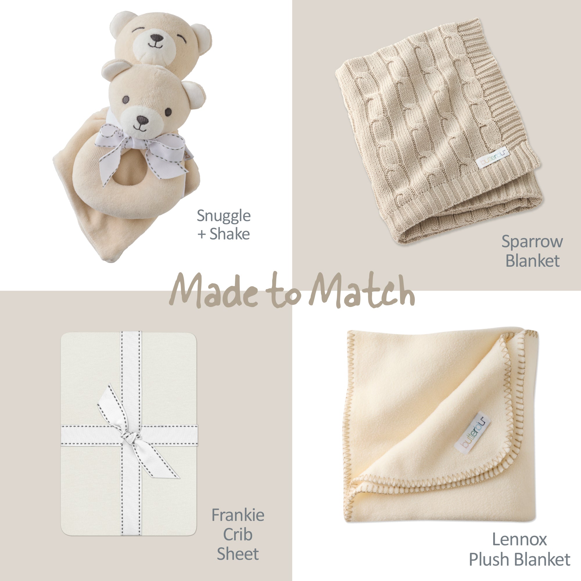 Baby product set including teddy bears, blankets, and crib sheet with 'Made to Match' text.