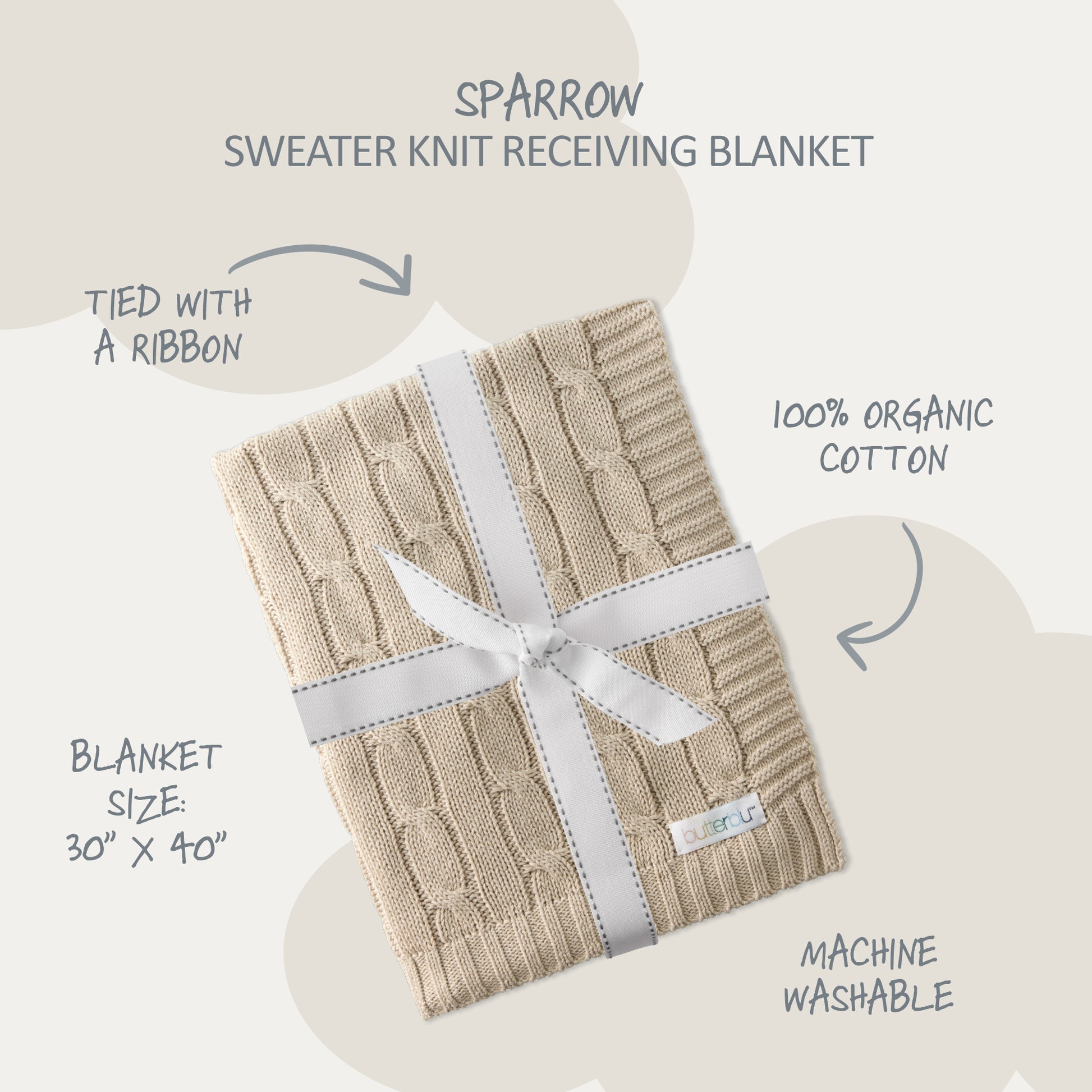 Sparrow sweater knit receiving blanket with a ribbon on a white background