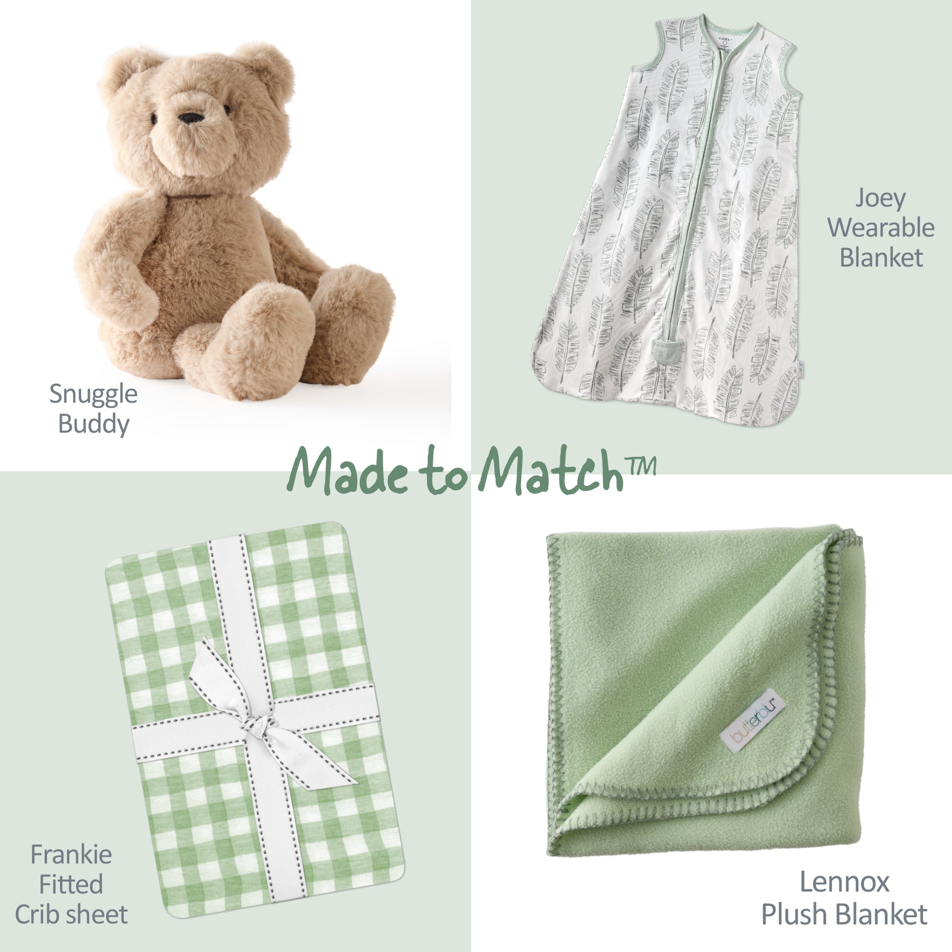 Collection of baby products including a teddy bear, wearable blanket, crib sheet, and plush blanket on a light green background.