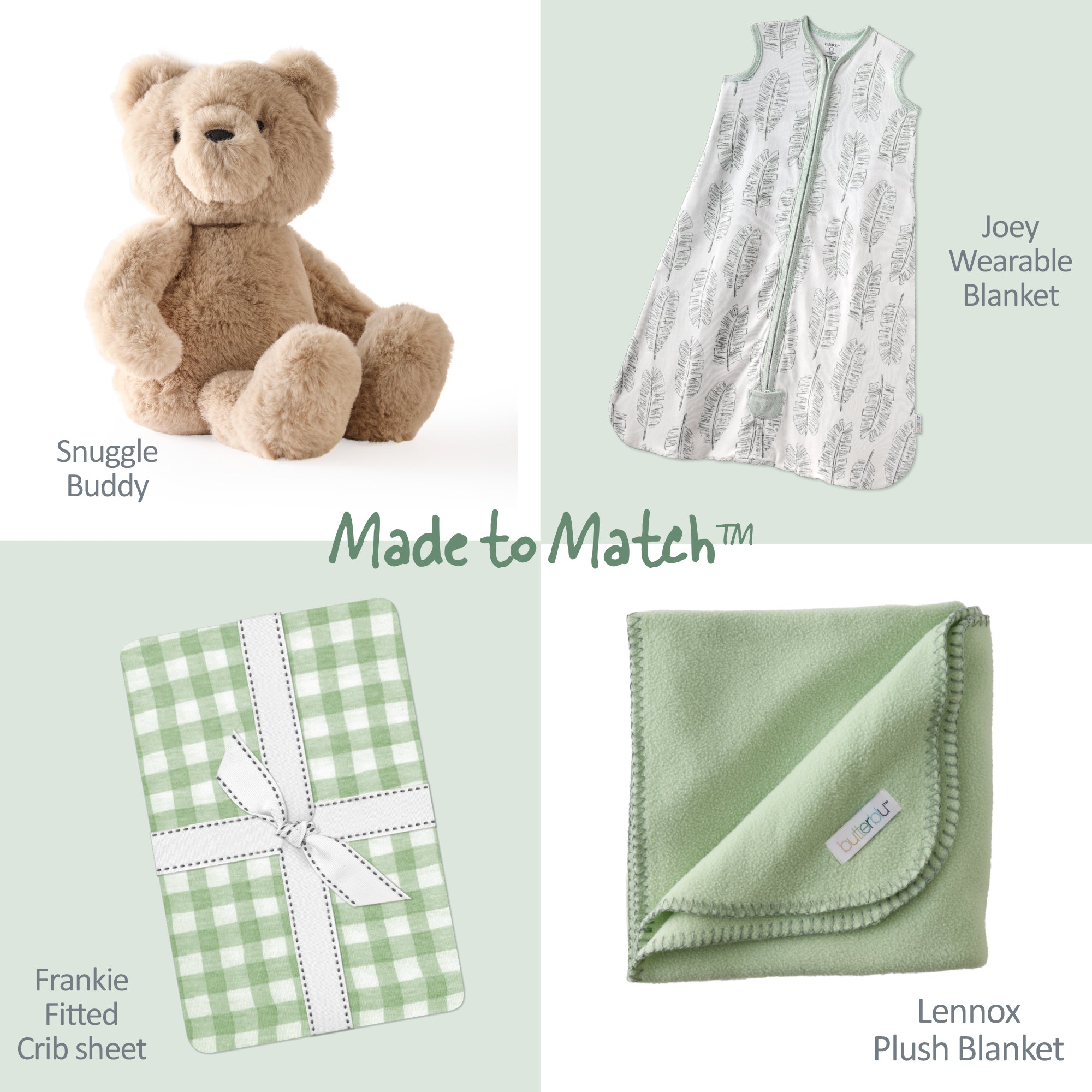 Collection of baby products including a teddy bear, wearable blanket, crib sheet, and plush blanket on a light green background.