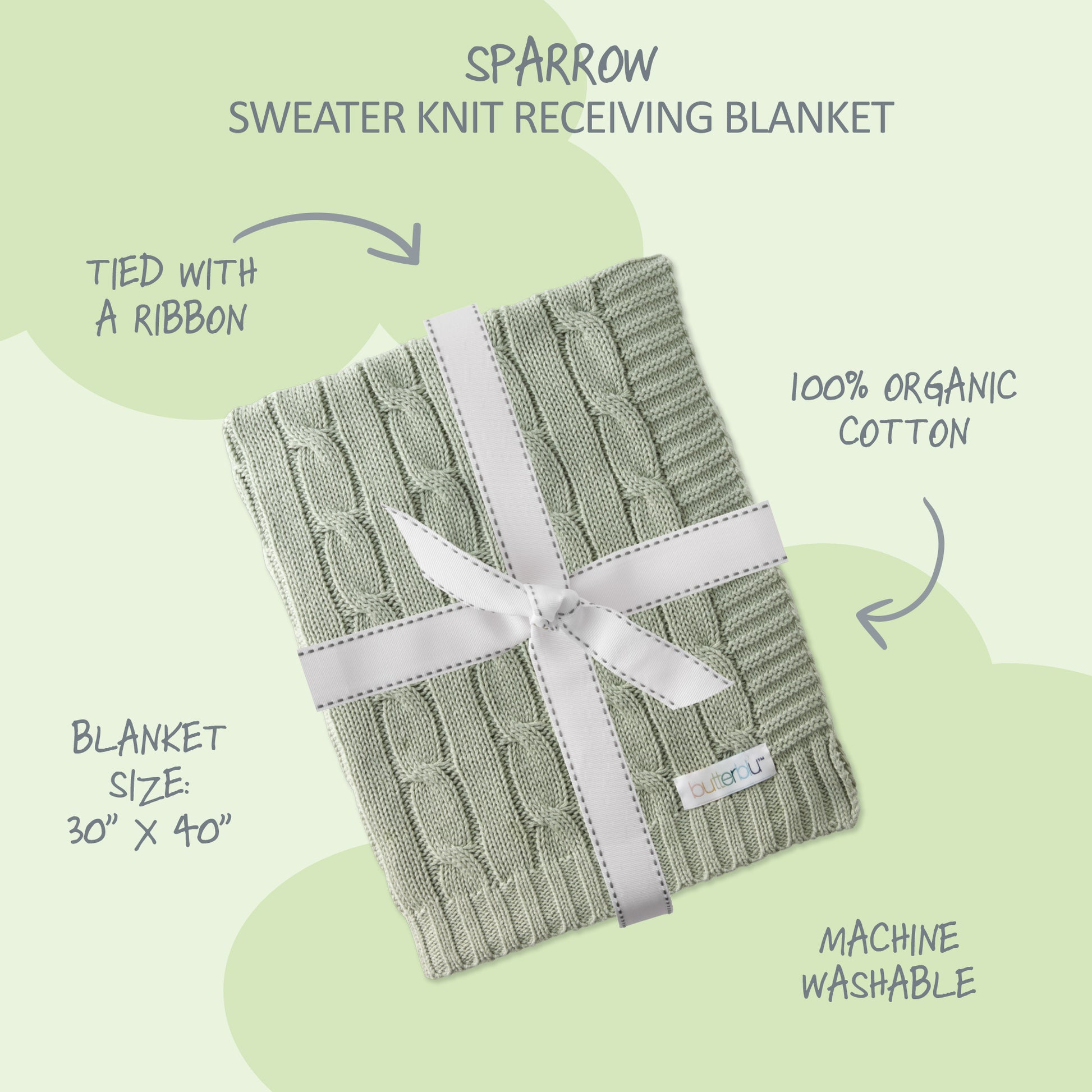 Green sweater knit receiving blanket with a white ribbon on a light green background