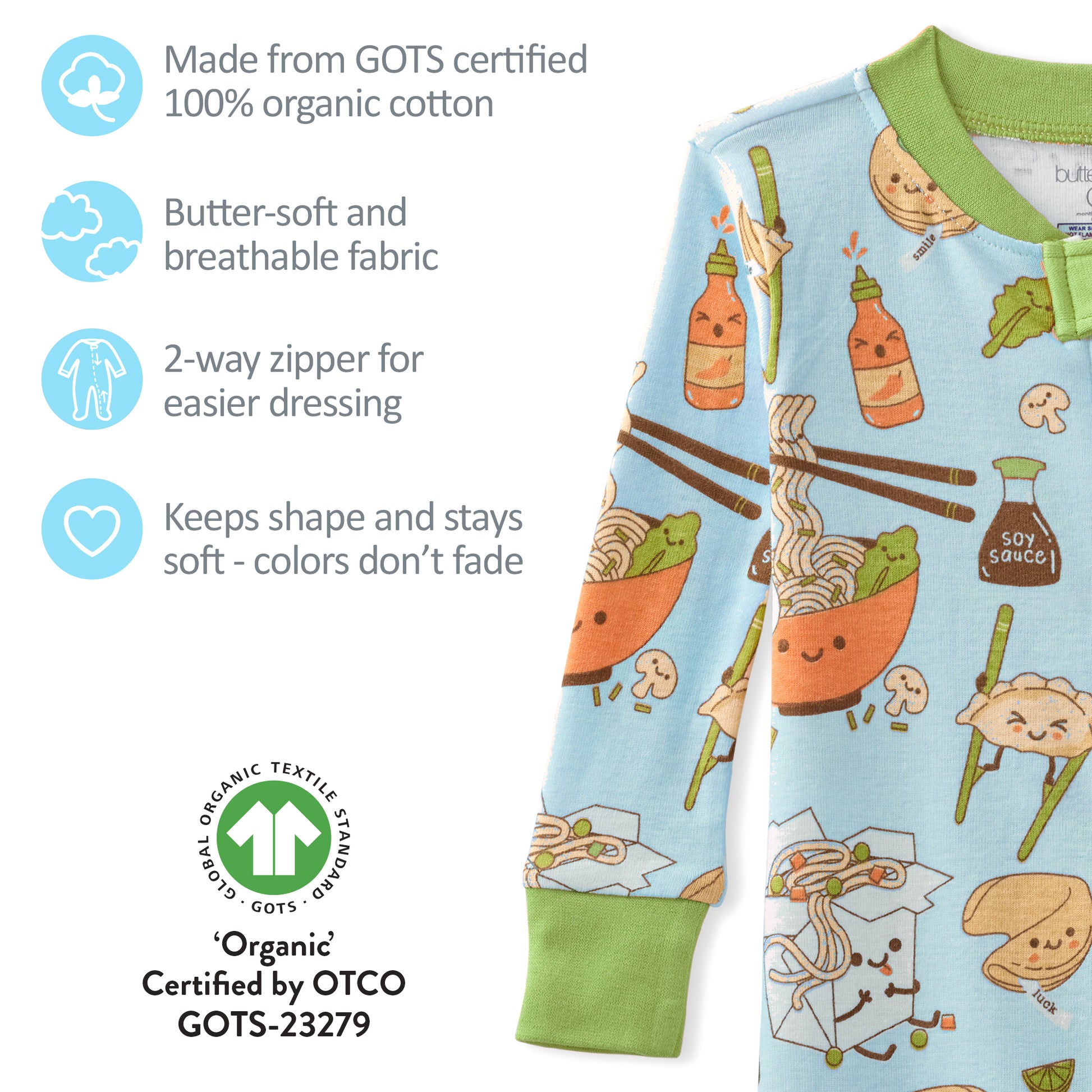 Children's pajama set with food-themed design on a light blue background, featuring organic cotton certification.