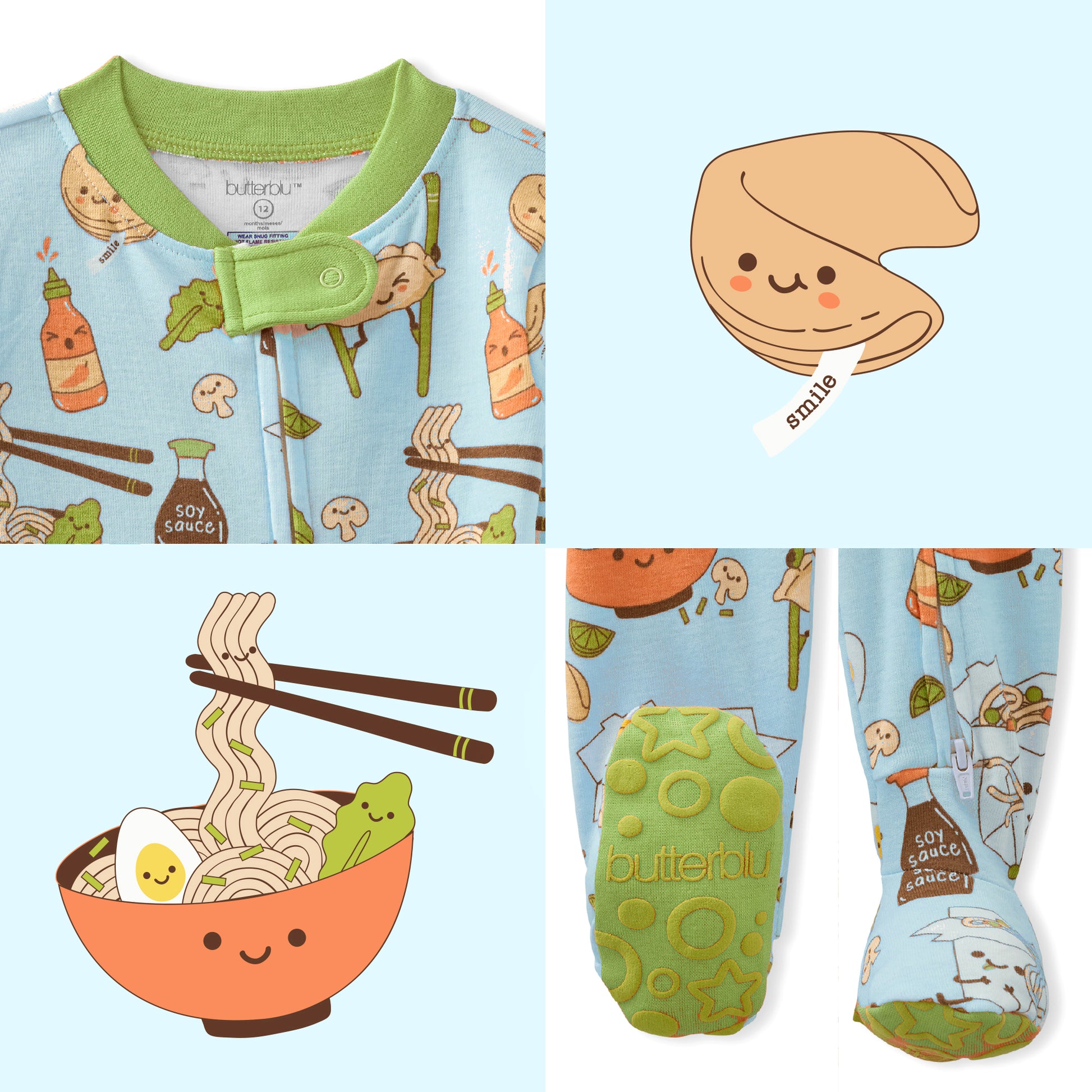 Baby pajama set with cartoon food design on a light blue background