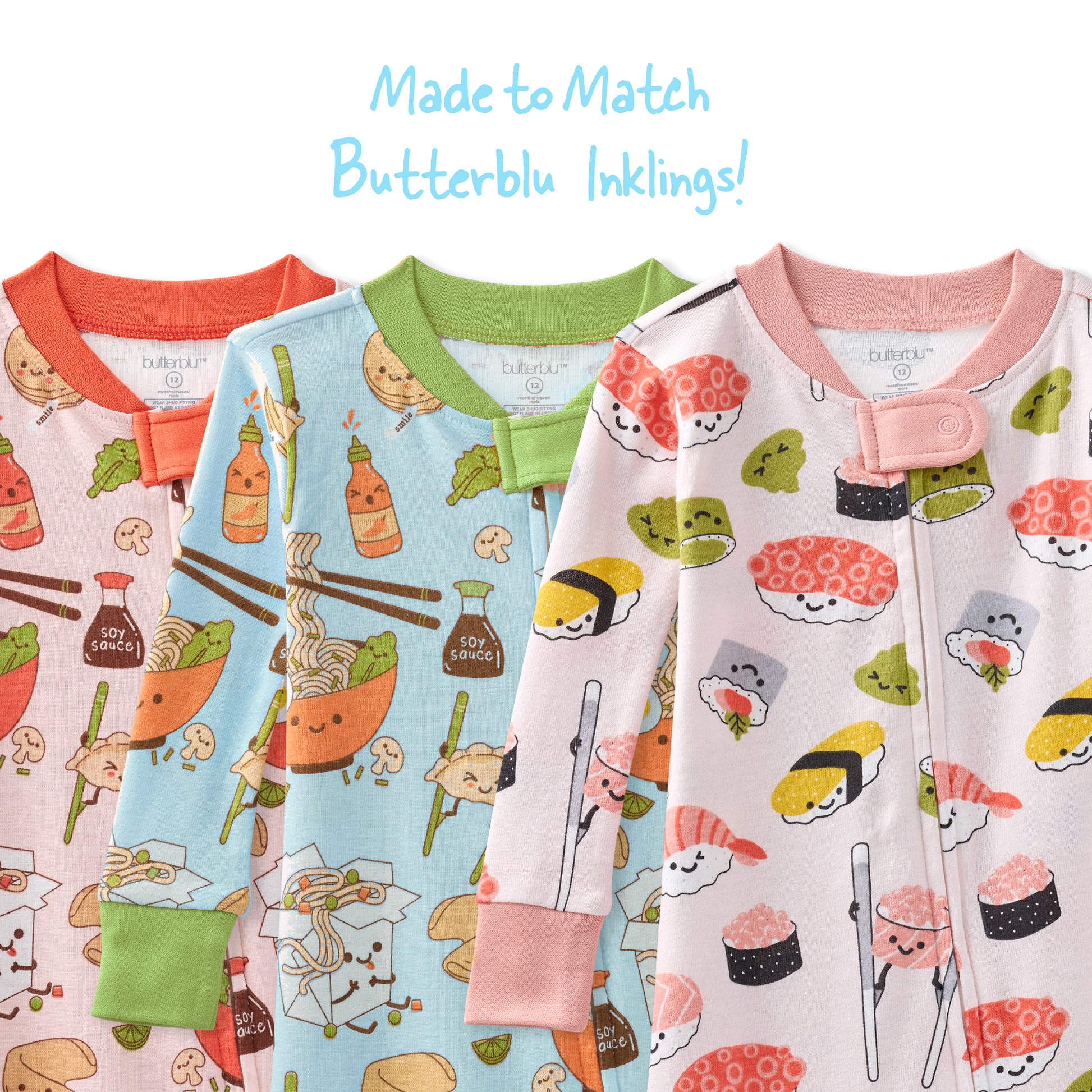 Set of children's pajamas with various patterns on a white background
