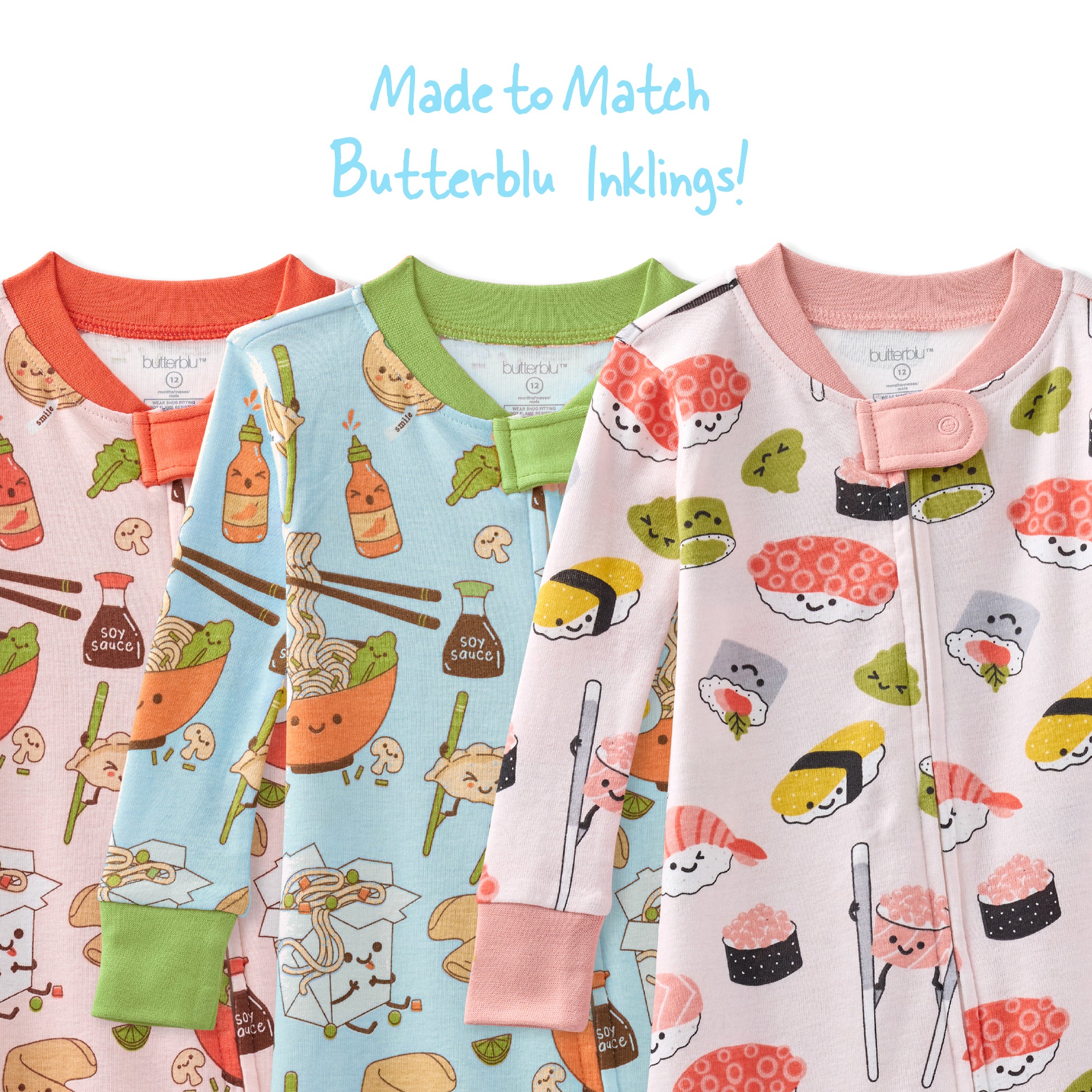 Set of children's pajamas with various patterns on a white background