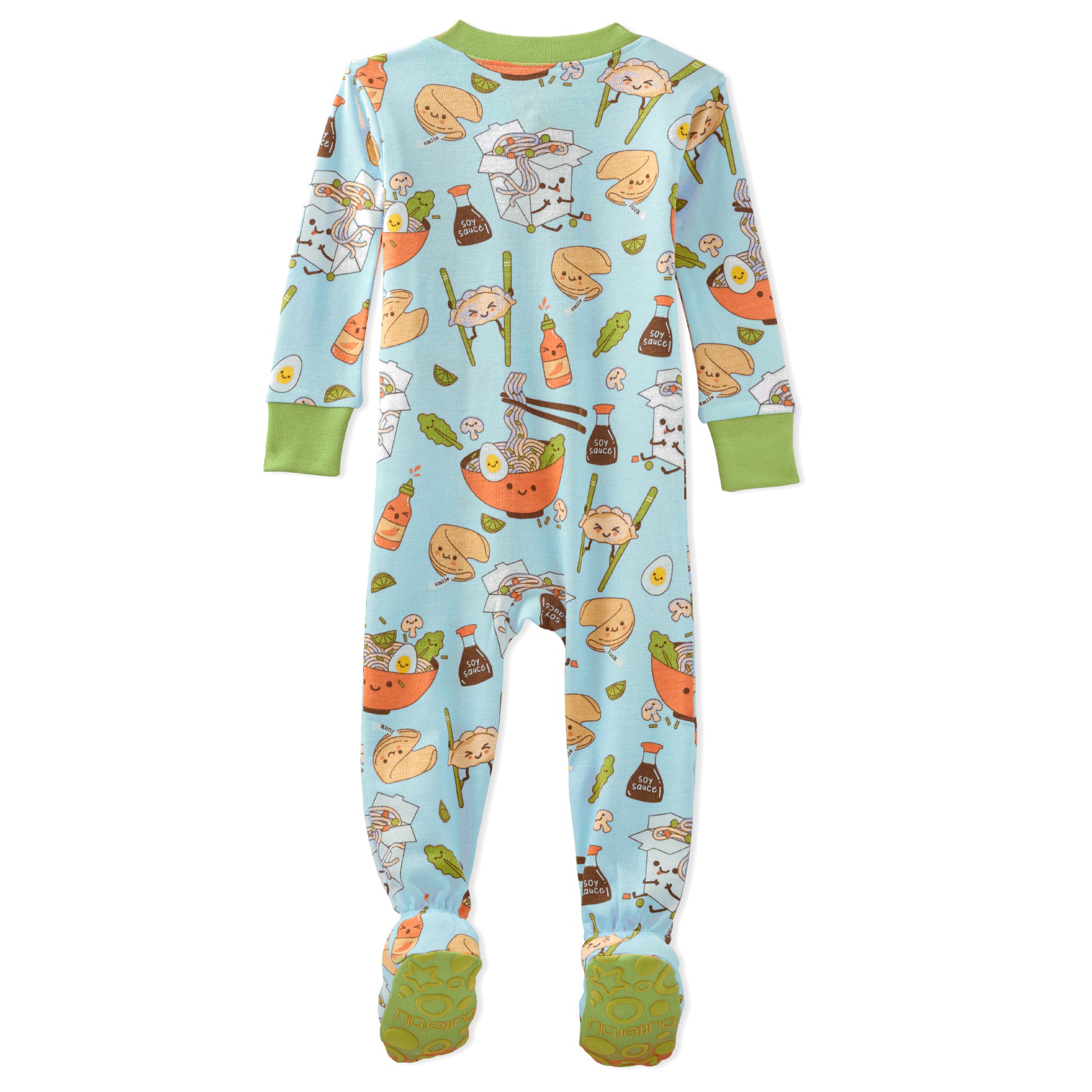 Children's onesie with a colorful pattern on a white background