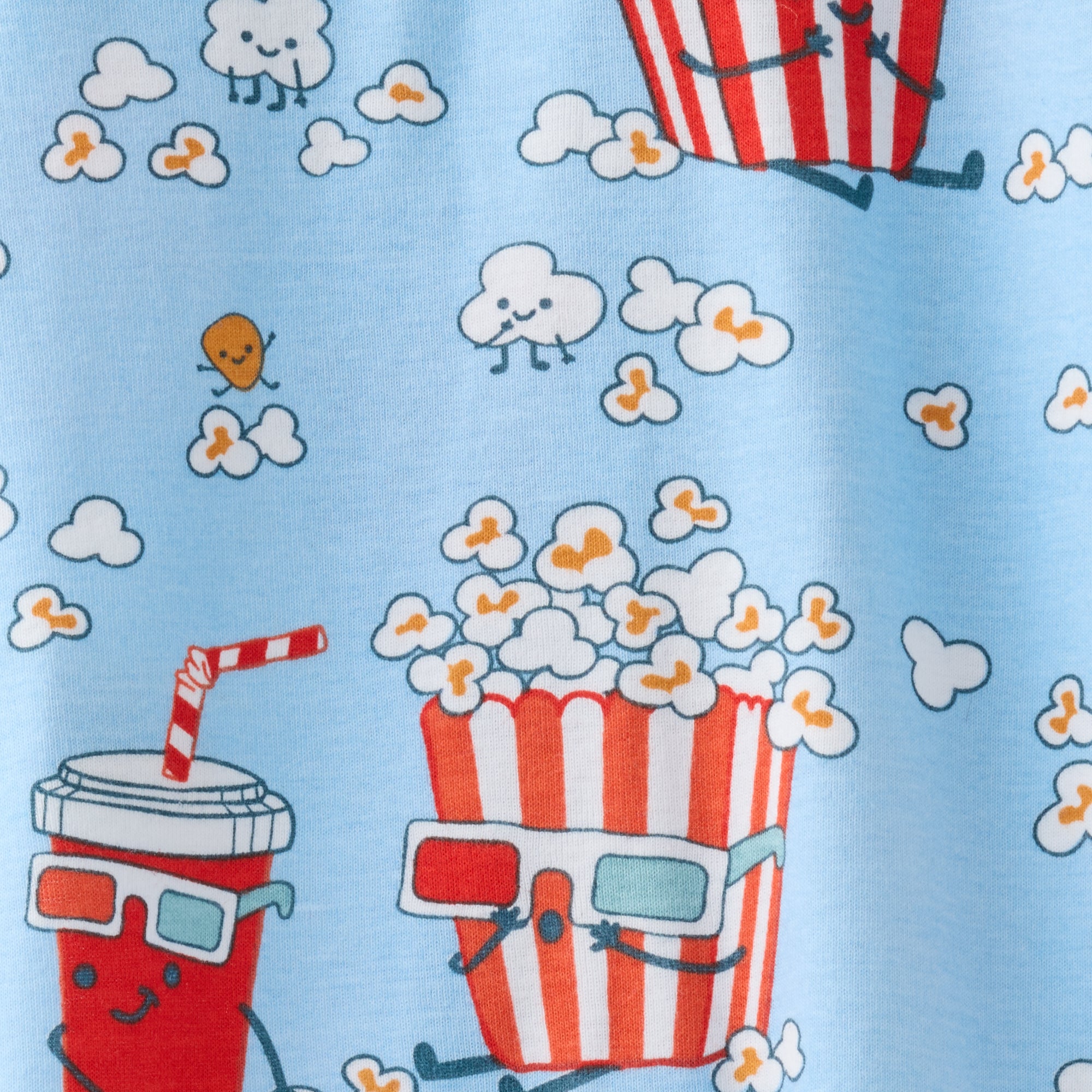 Pattern of popcorn, soda, and movie glasses on a blue background