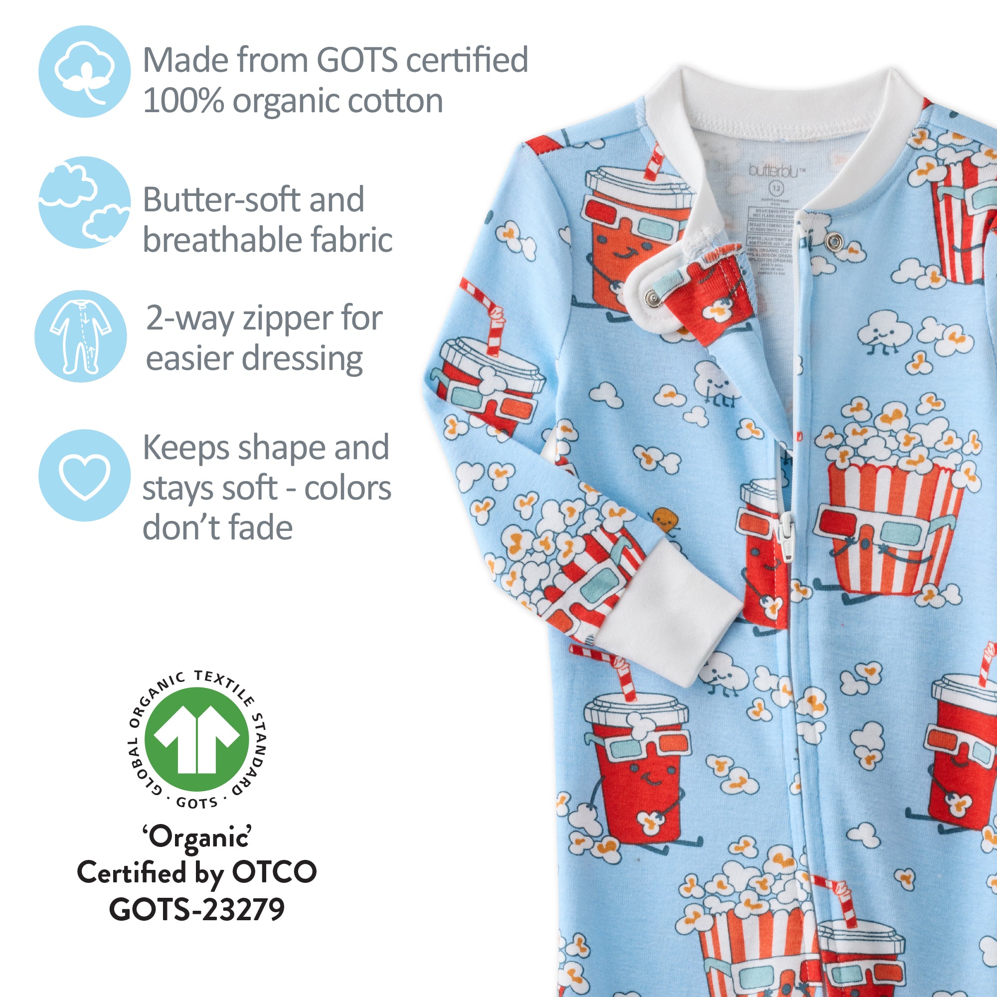 Children's pajama with popcorn and soda pattern on a light blue background, featuring GOTS certification details.