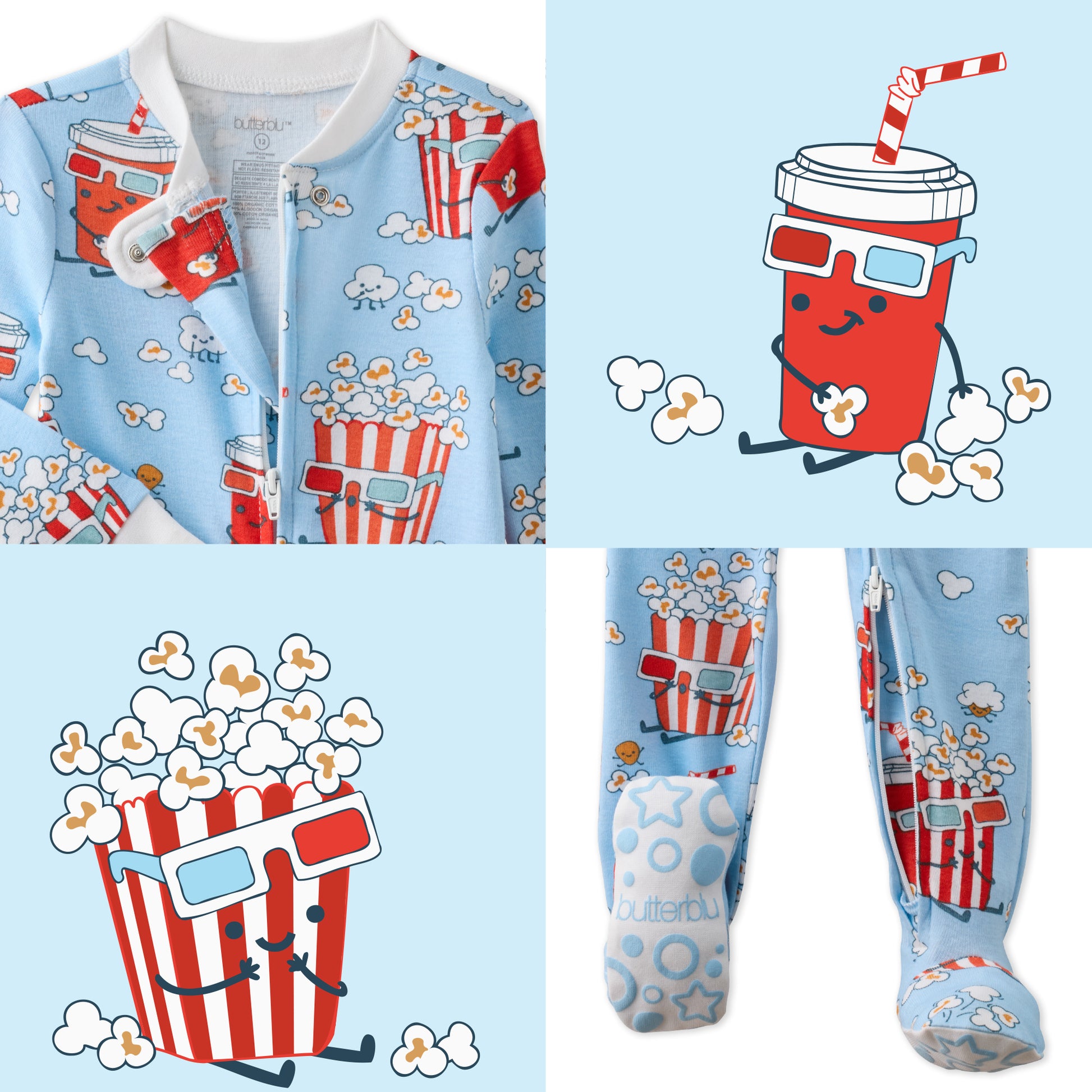 Children's pajama set with popcorn and soda design on a light blue background