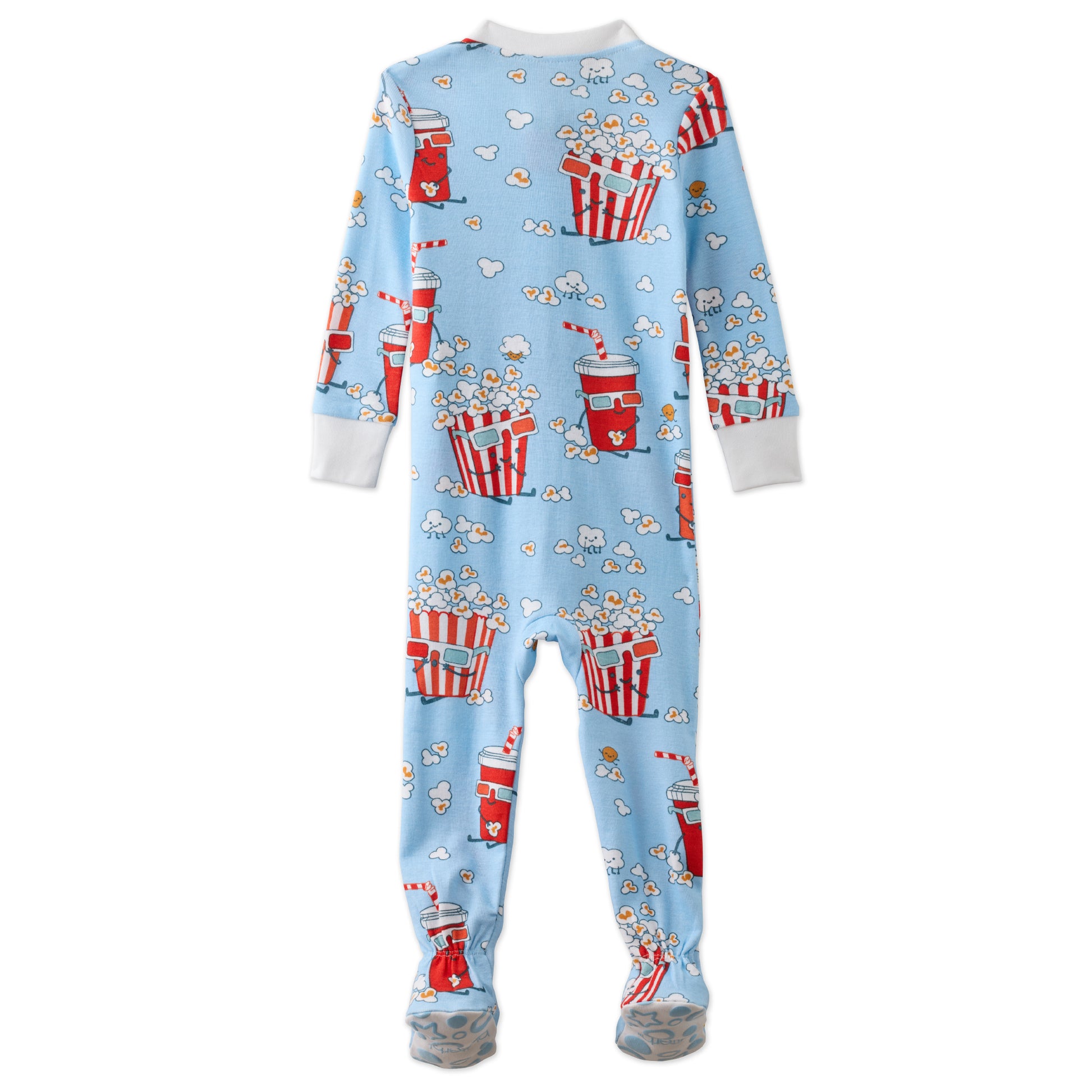 Children's onesie with popcorn and soda pattern on a light blue background