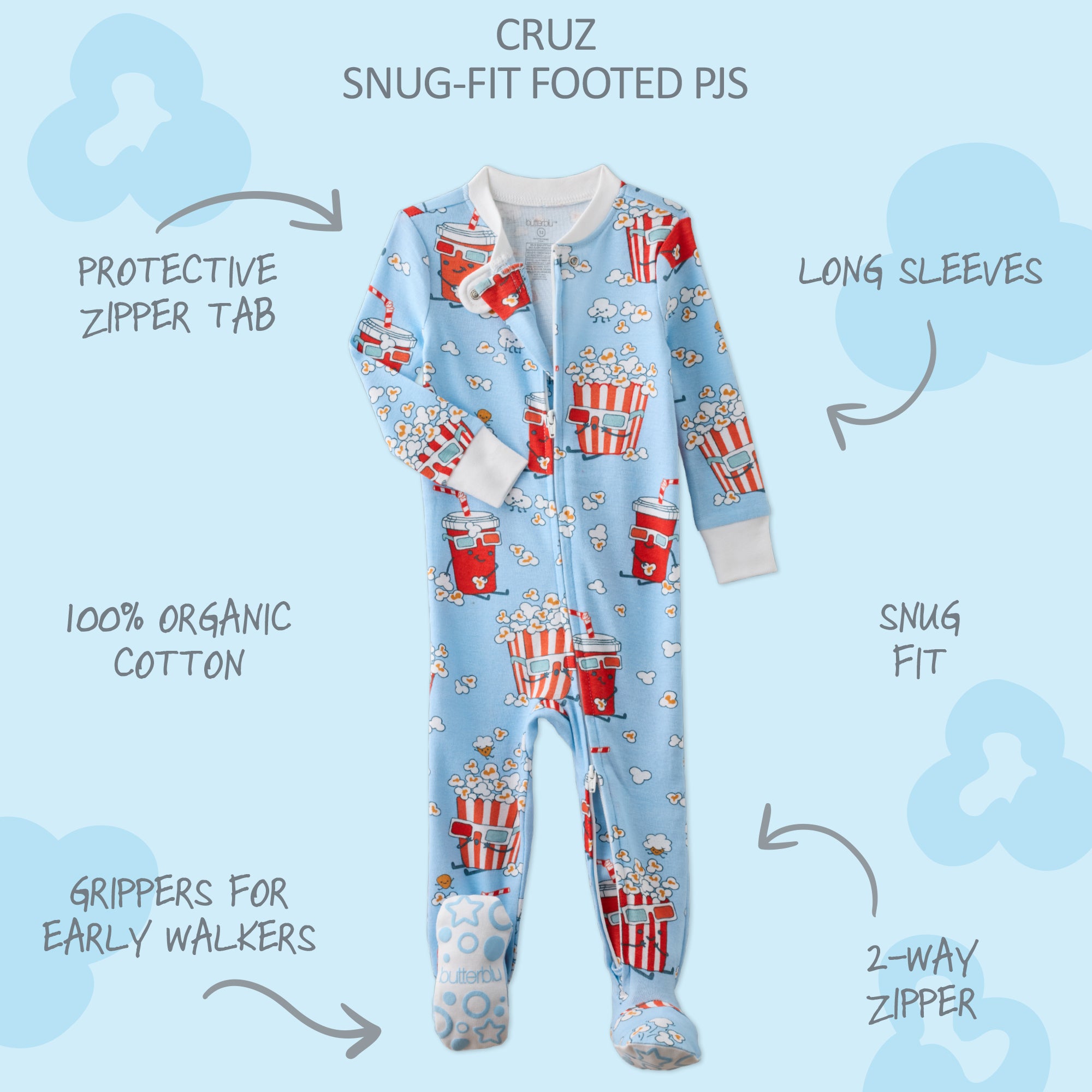 Children's onesie with popcorn design on a blue background with text detailing features.