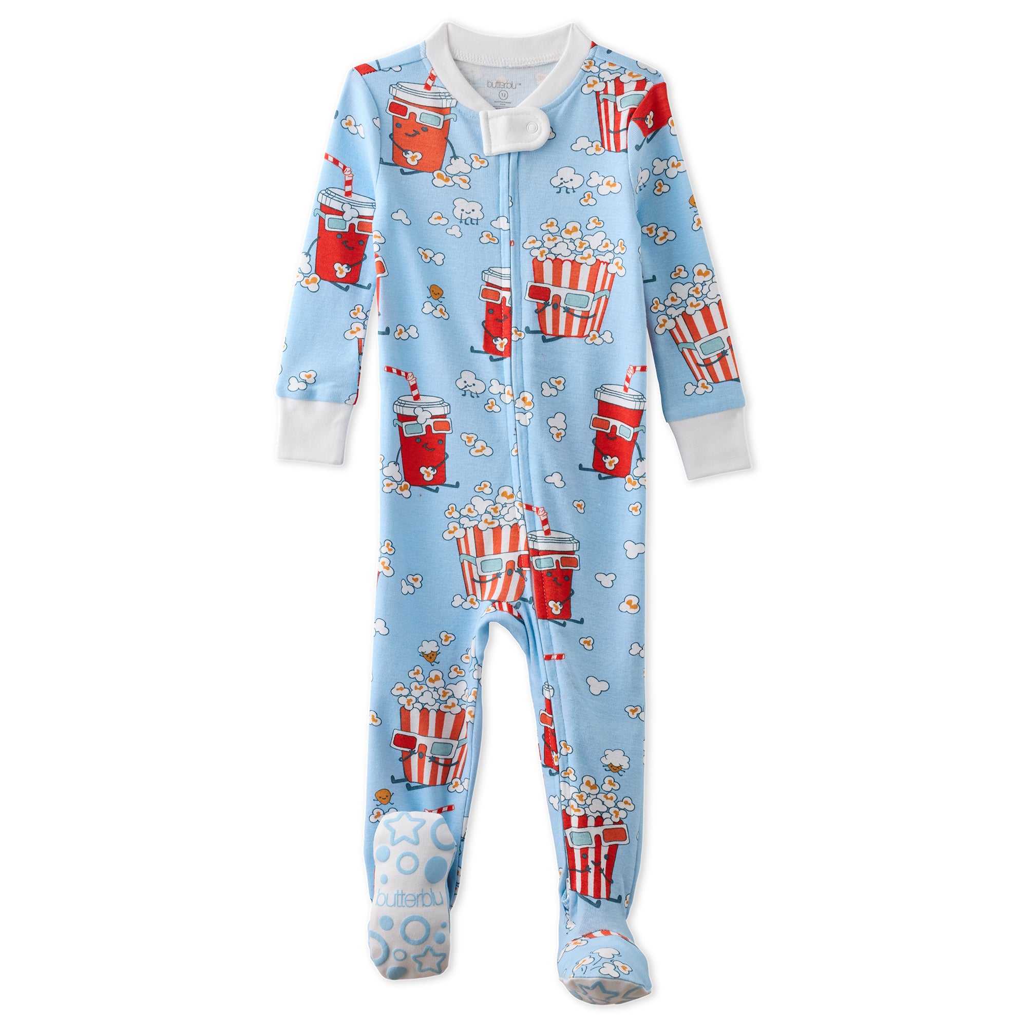 Baby onesie with popcorn and soda pattern on a light blue background