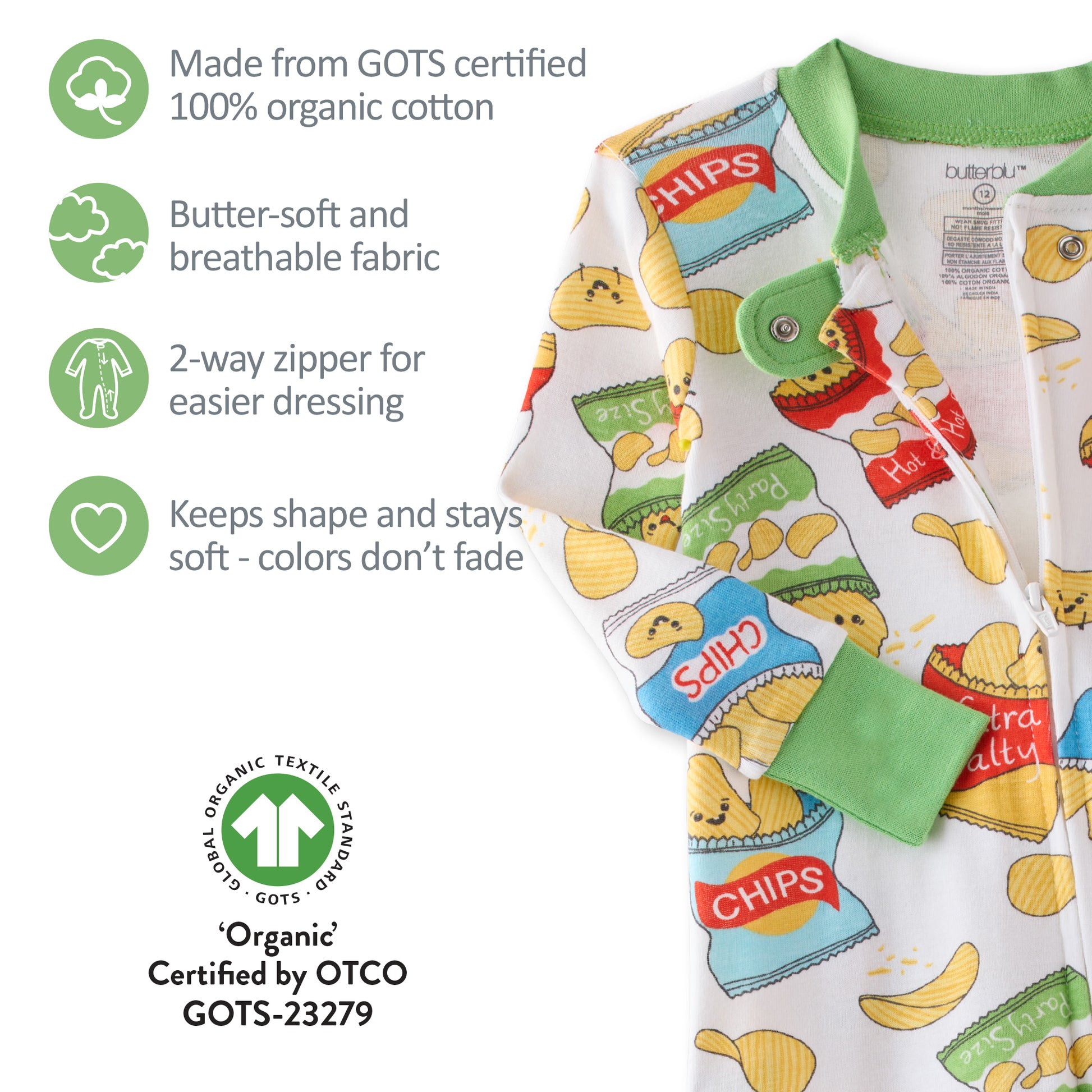 Children's pajama set with colorful design on a white background, featuring GOTS certification details.