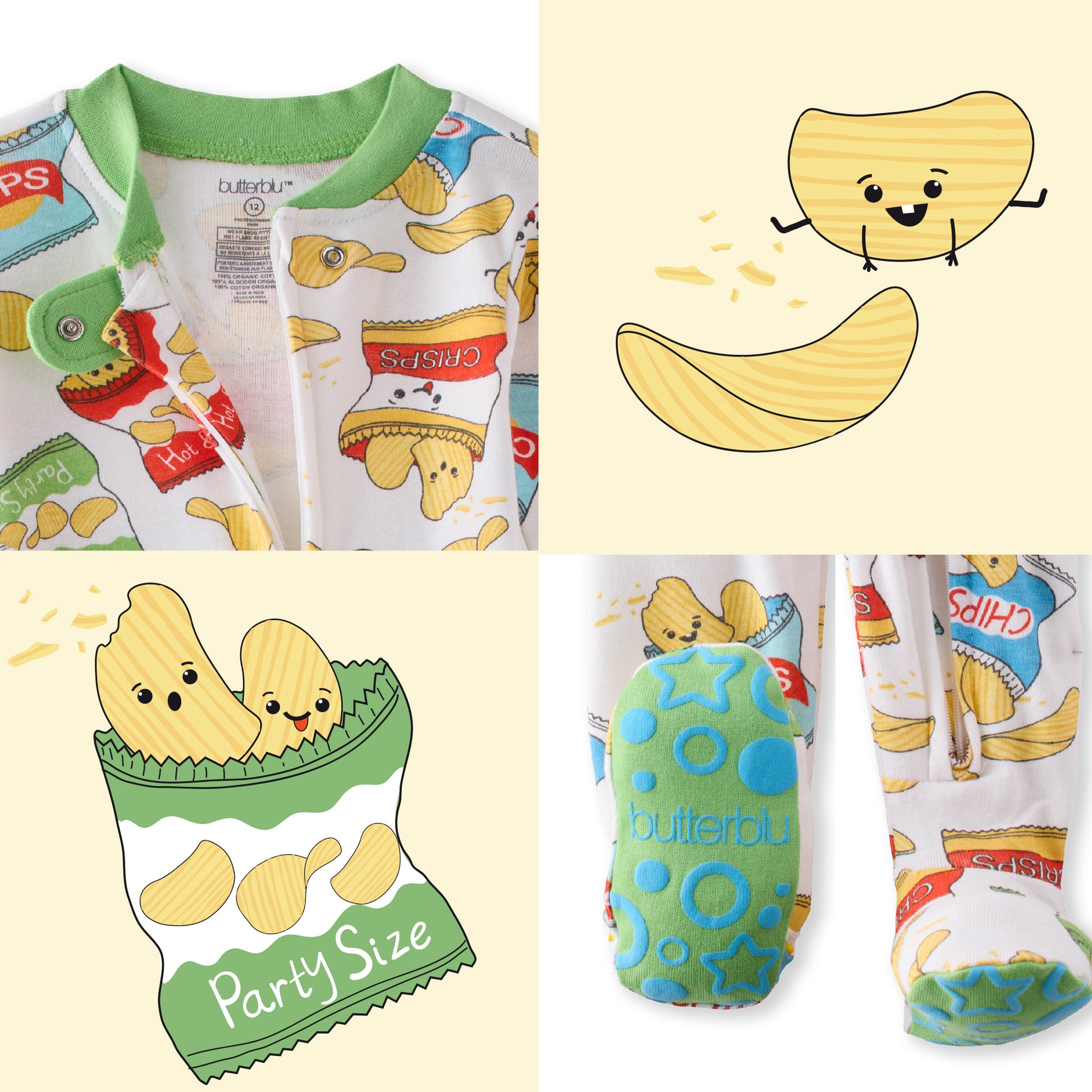 Children's pajama set with potato chip design on a light yellow background