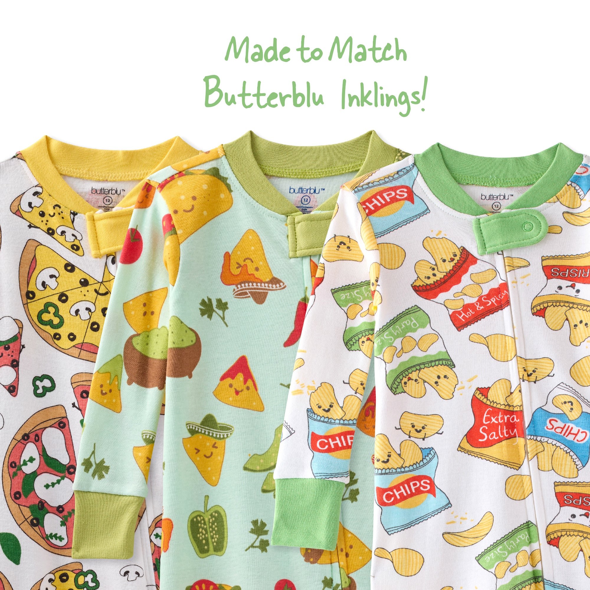 Three children's onesies with chip and salsa design, labeled 'Butterblu Inklings'.