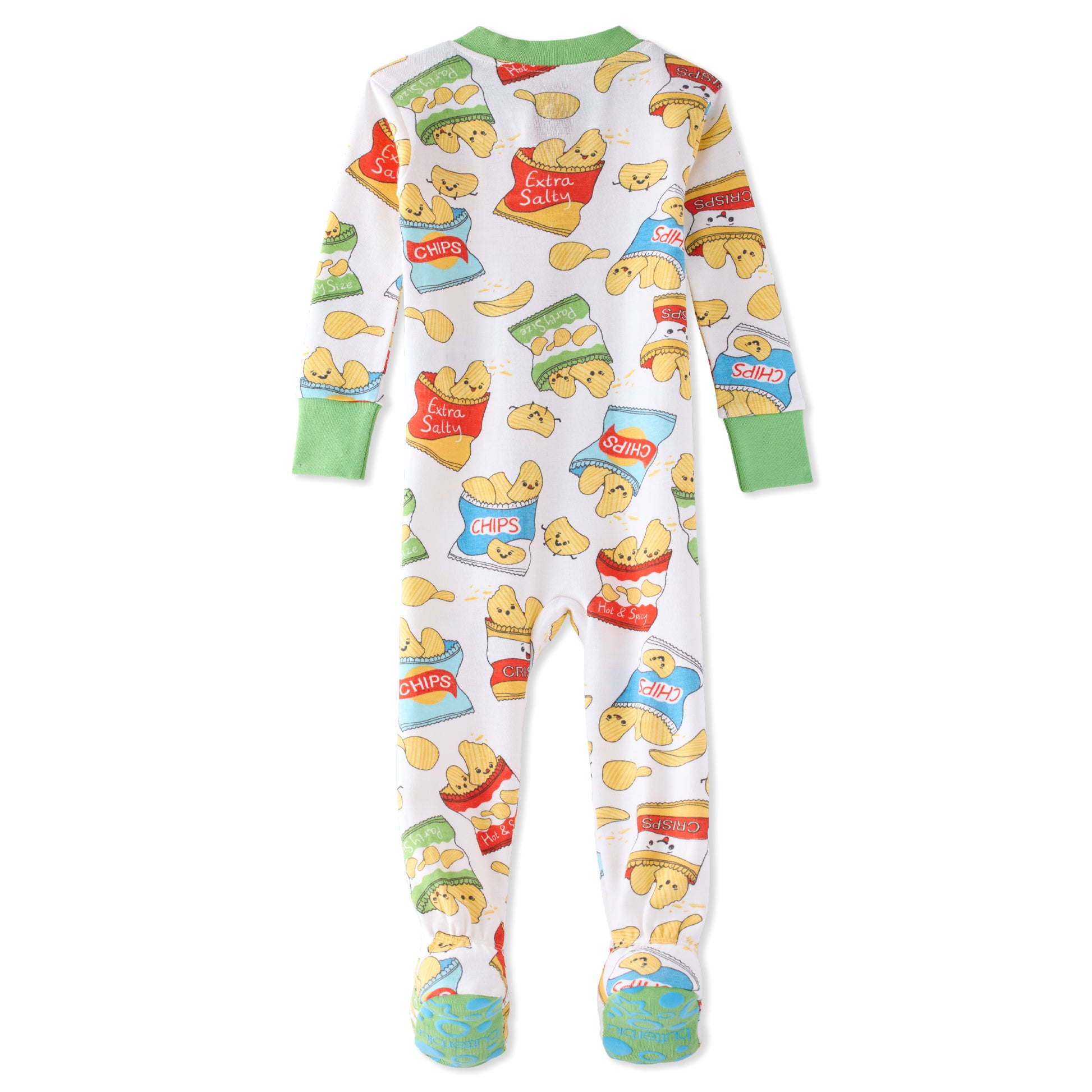 Children's onesie with cartoon character and food item print on a white background