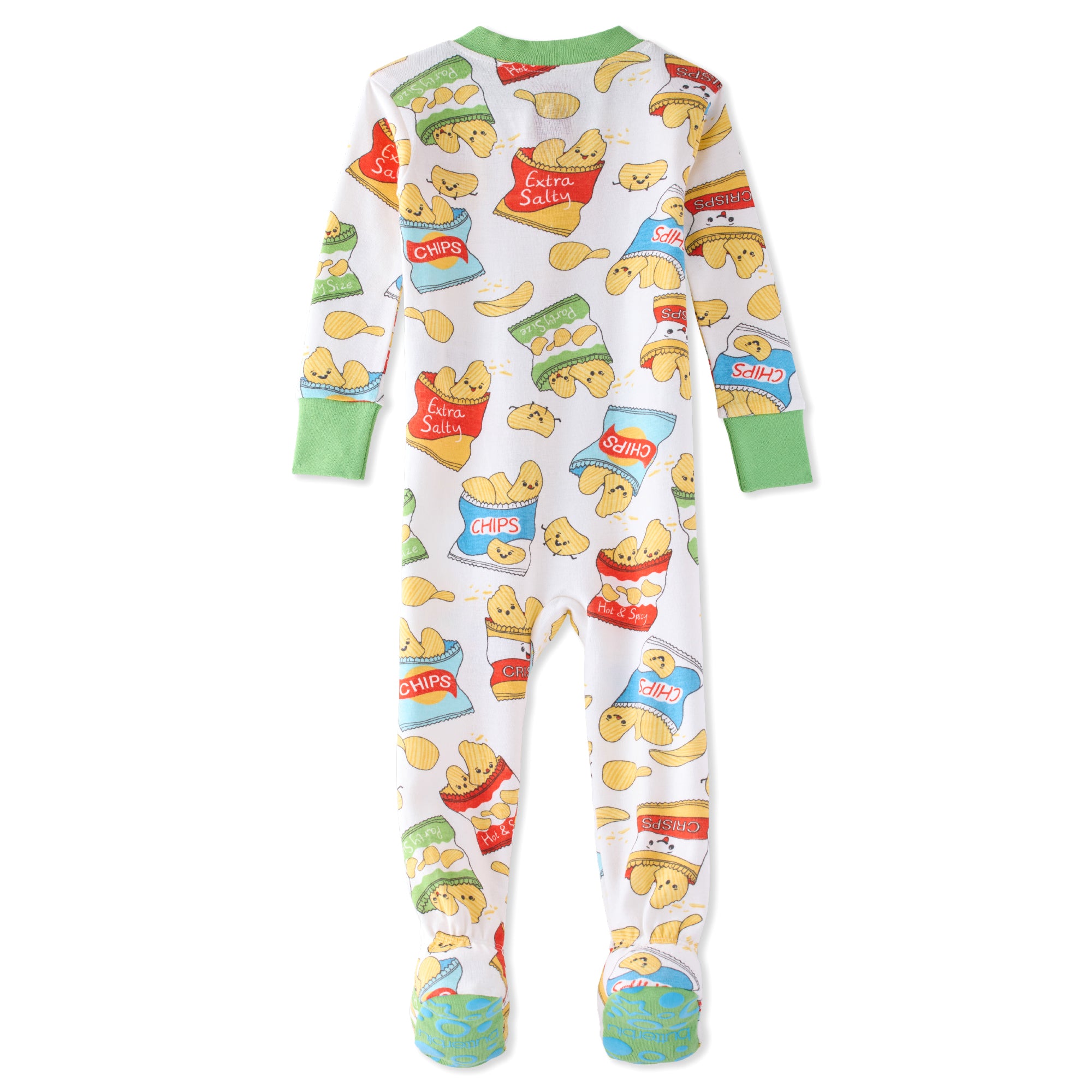 Children's onesie with cartoon character and food item print on a white background