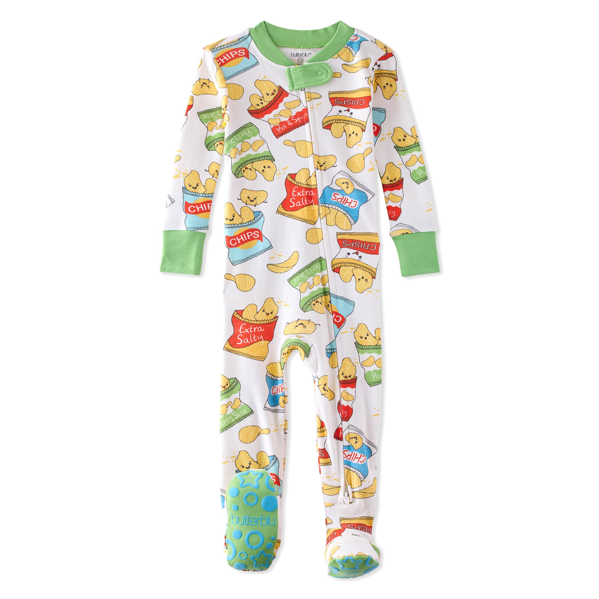 Children's onesie with cartoon character design on a white background