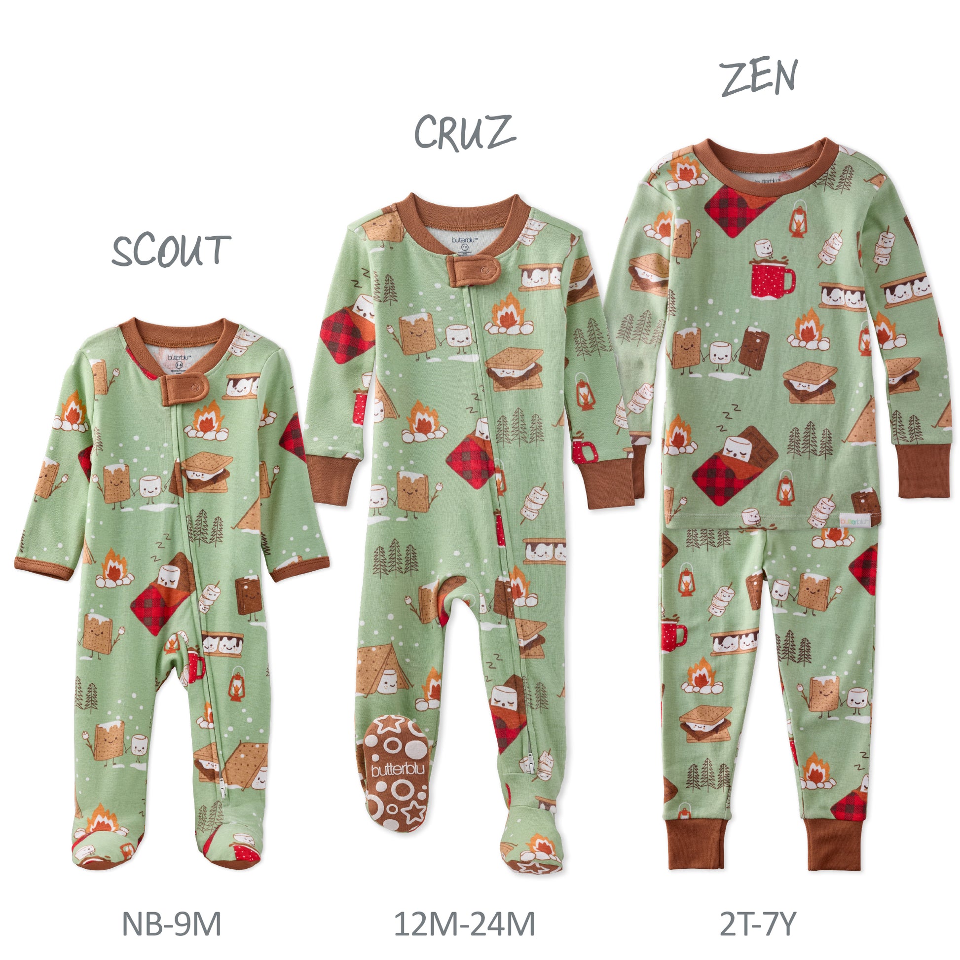 Three sizes of children's pajamas with patterns and labels on a white background