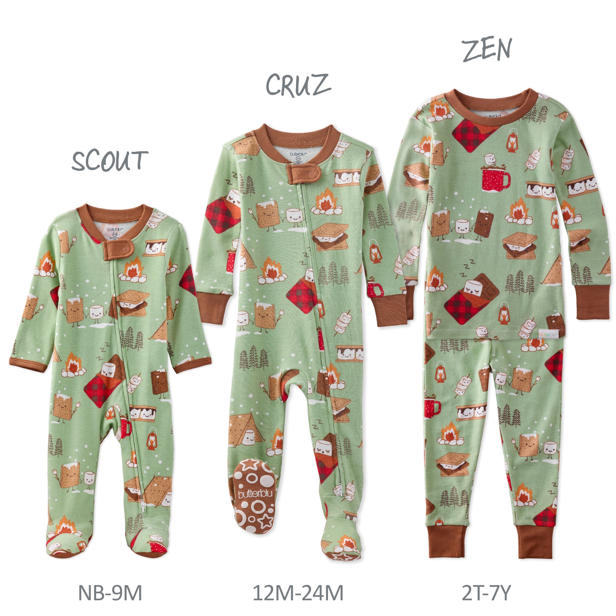 Three sizes of children's pajamas with patterns and labels on a white background