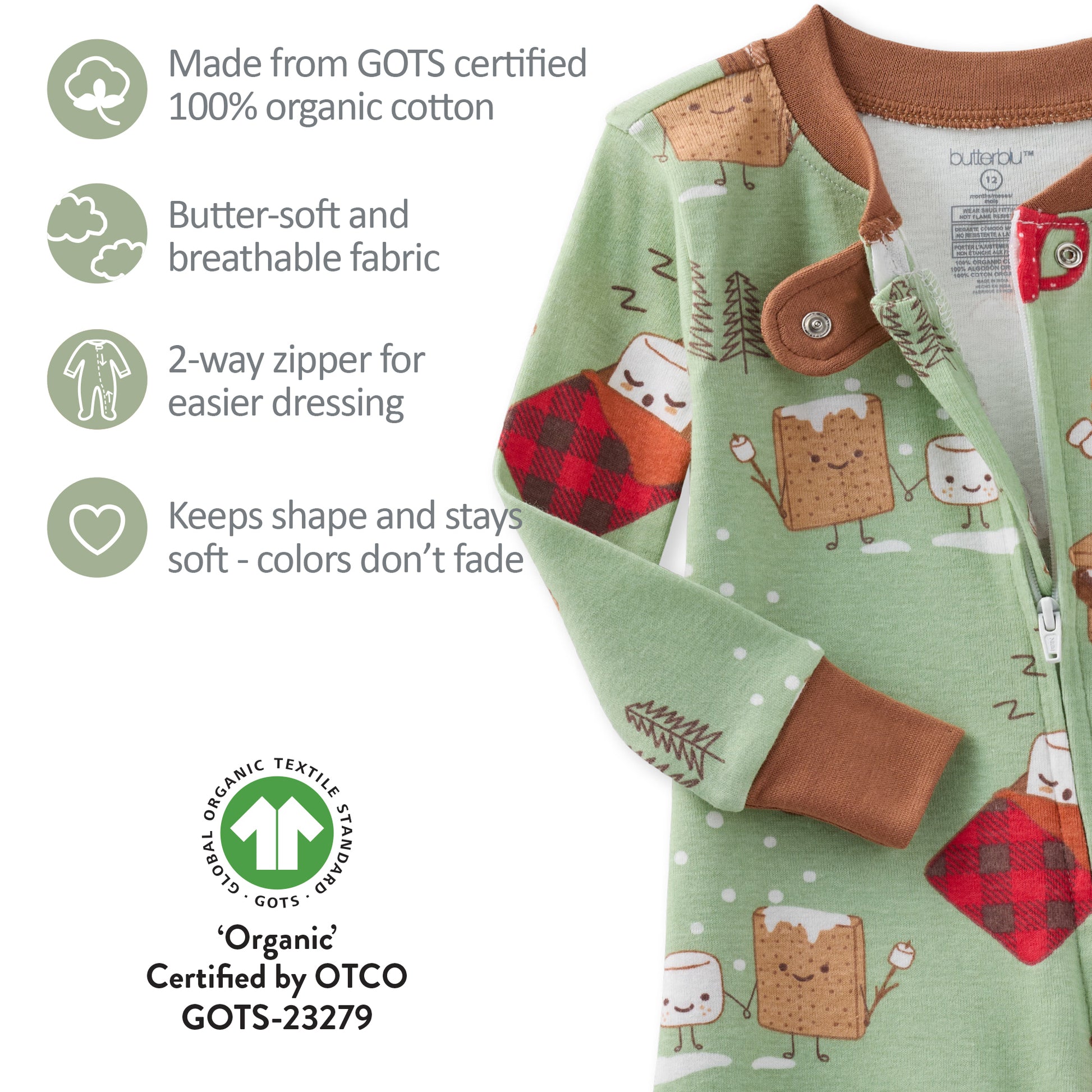 Children's green jacket with cartoon designs on a white background, featuring GOTS certified organic cotton information.