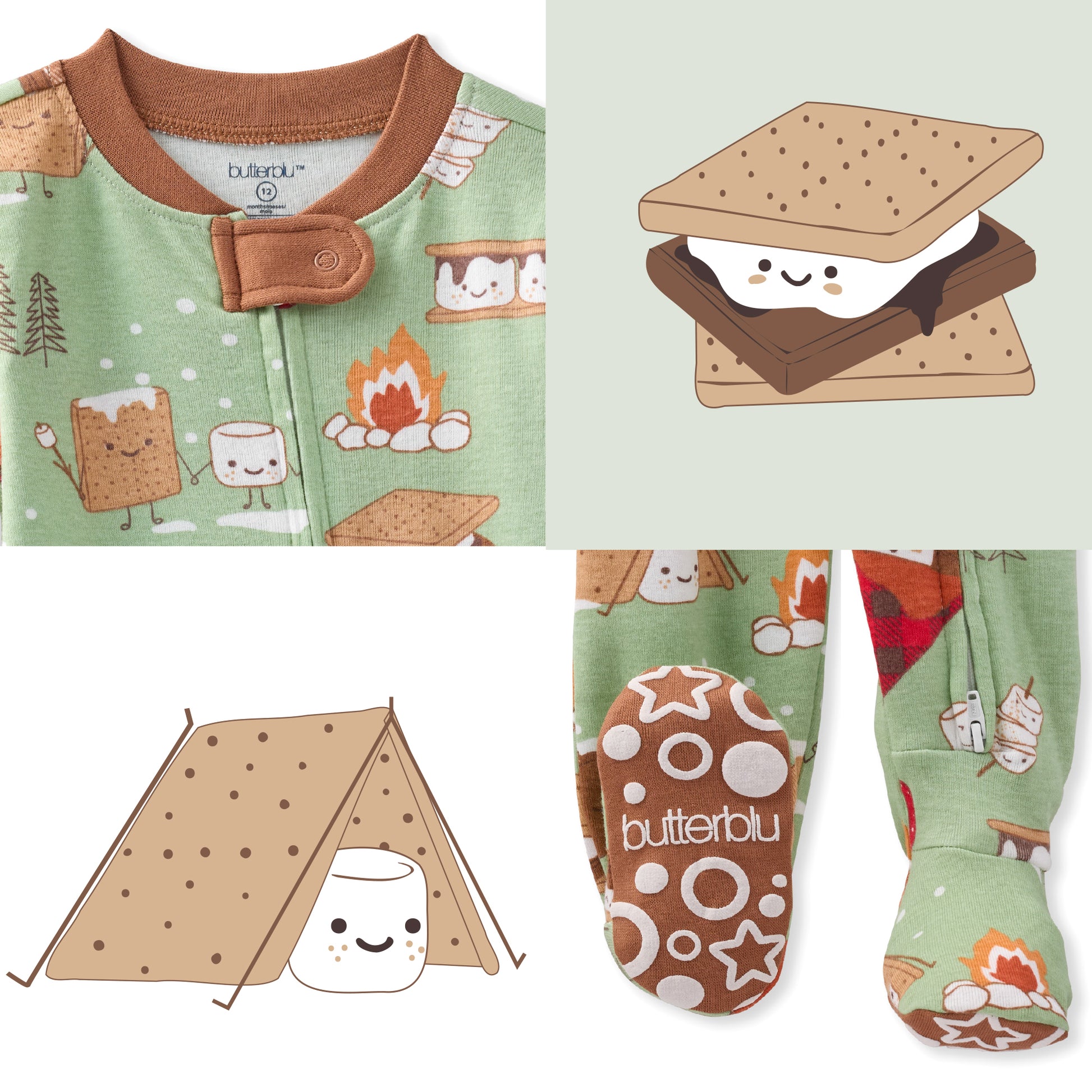 Baby onesie with camping-themed design featuring smores, tents, and campfires.