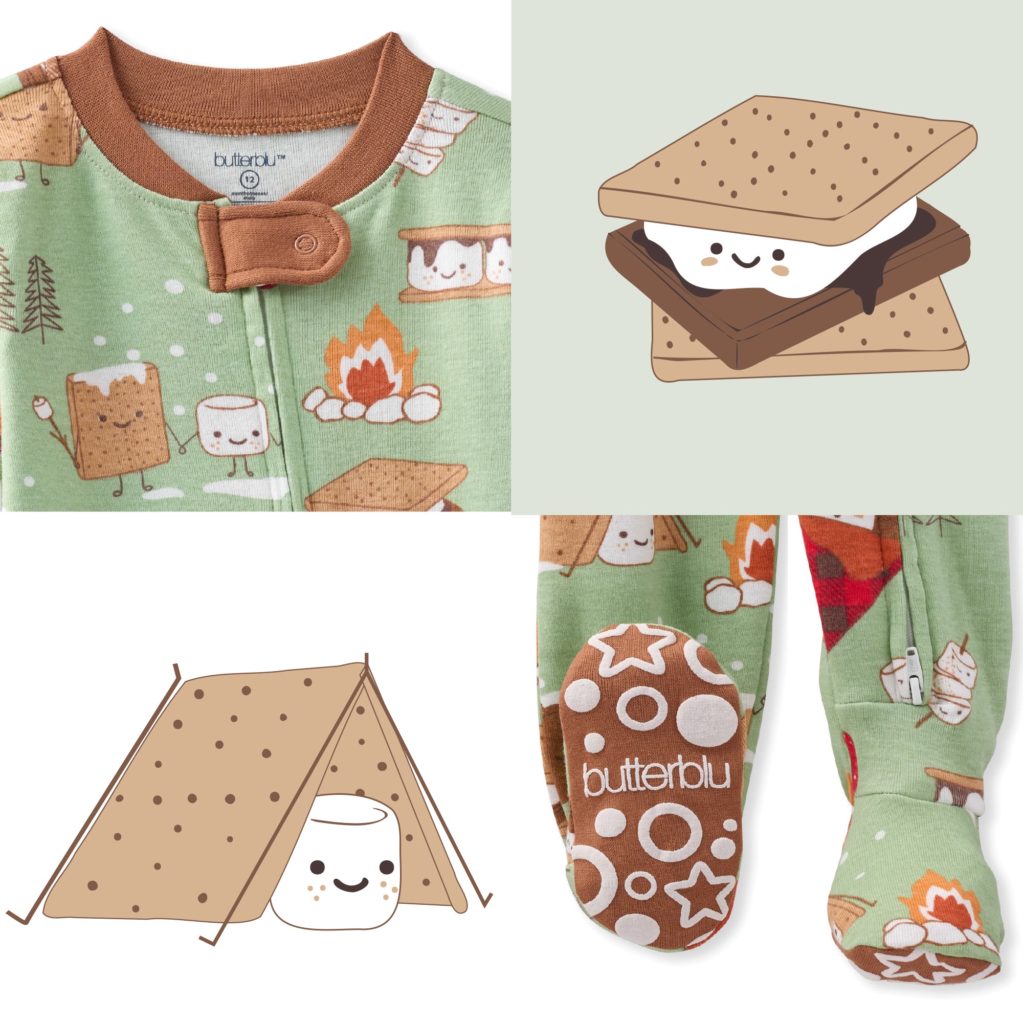 Baby onesie with camping-themed design featuring smores, tents, and campfires.