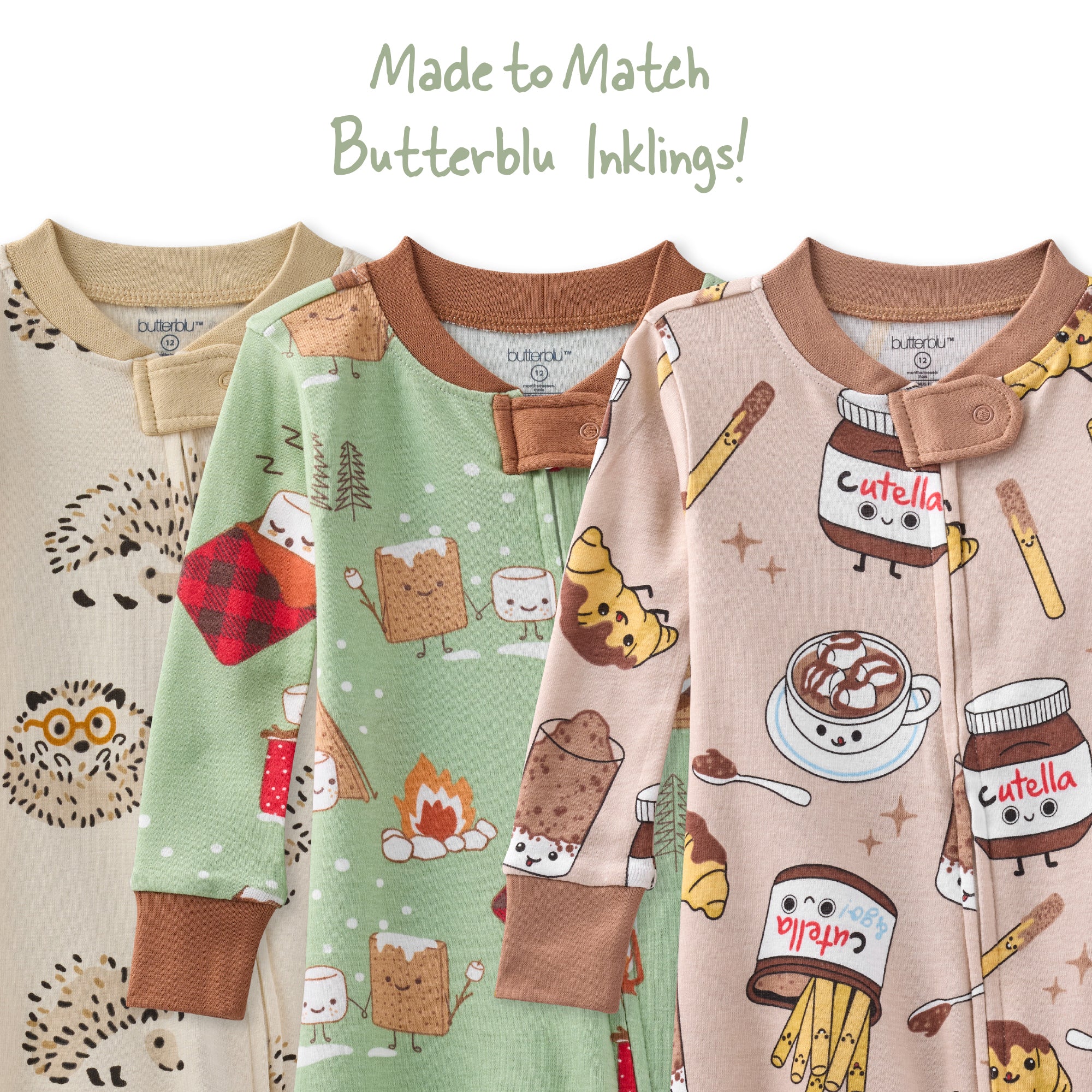 Three children's pajamas with different patterns on a white background, featuring the brand 'Butterblu'.