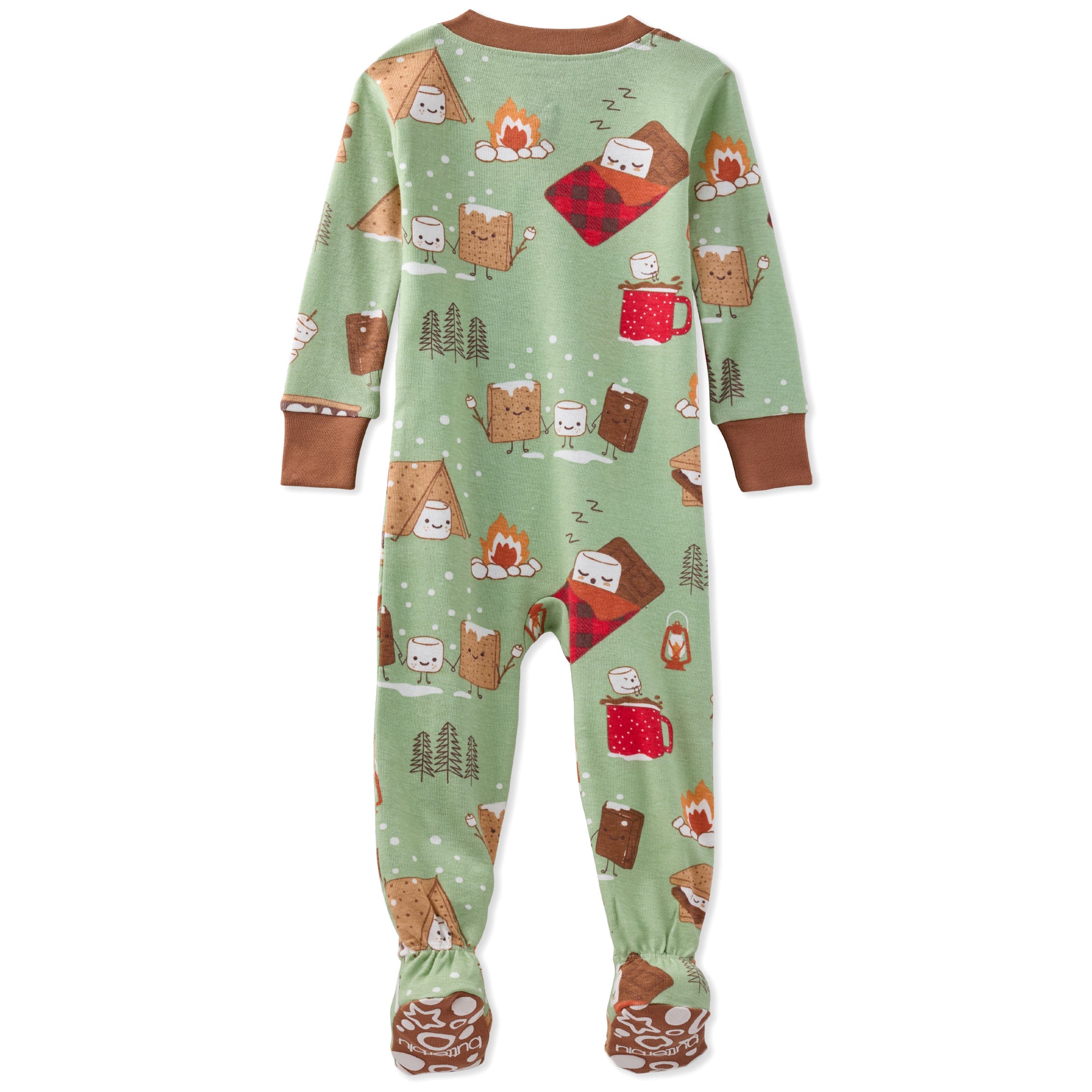 Children's onesie with camping-themed design on a white background