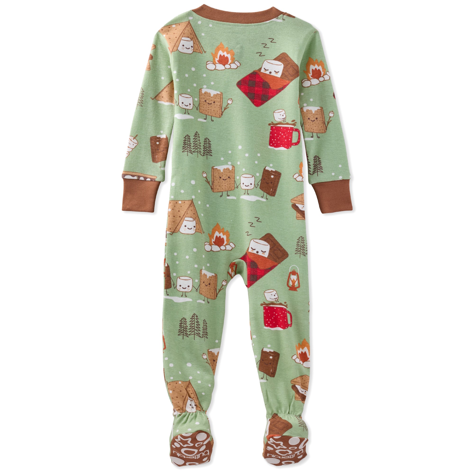 Children's onesie with camping-themed design on a white background