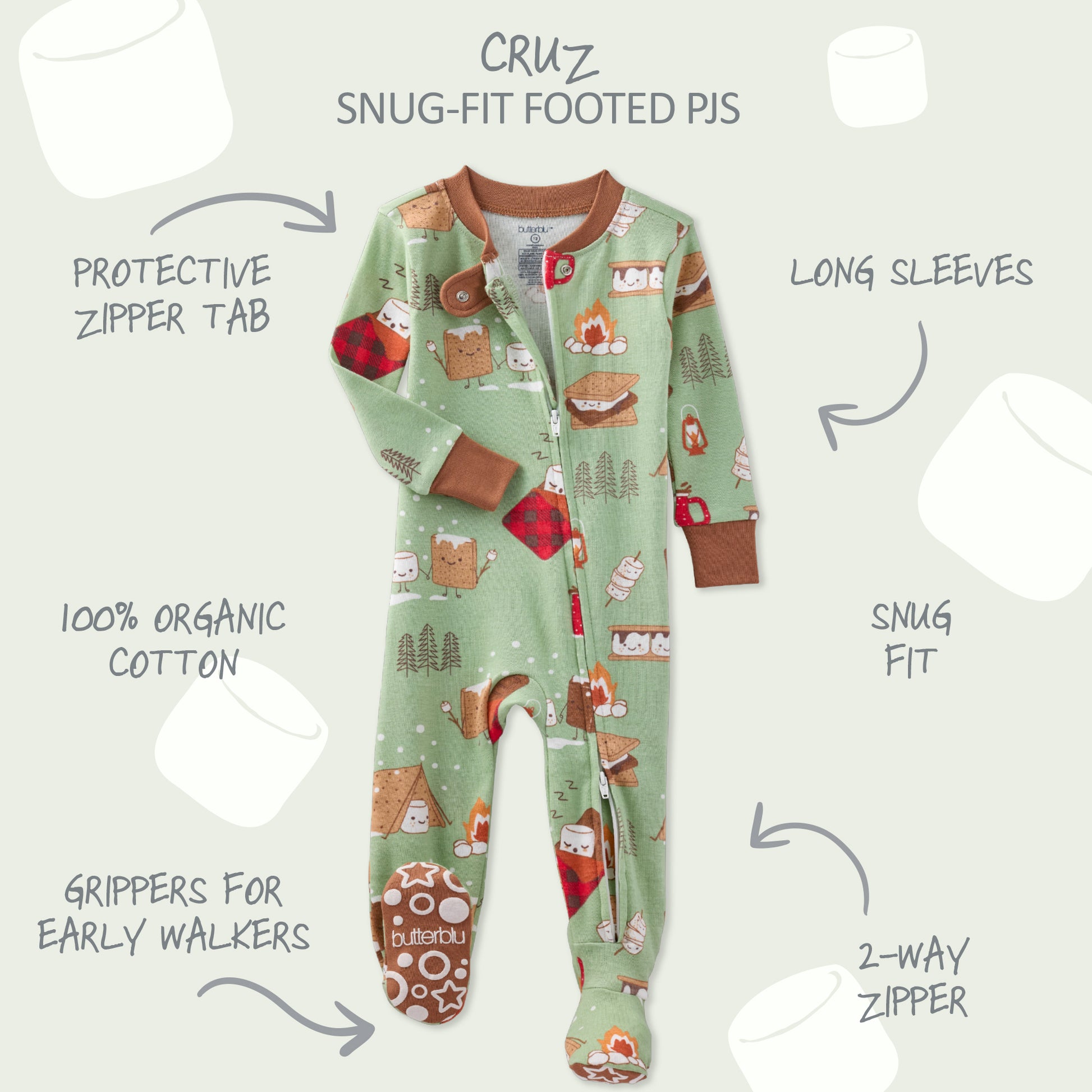 Green pajama set with campfire and bear pattern on a white background