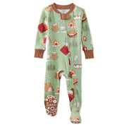 Children's onesie with camping pattern on a white background