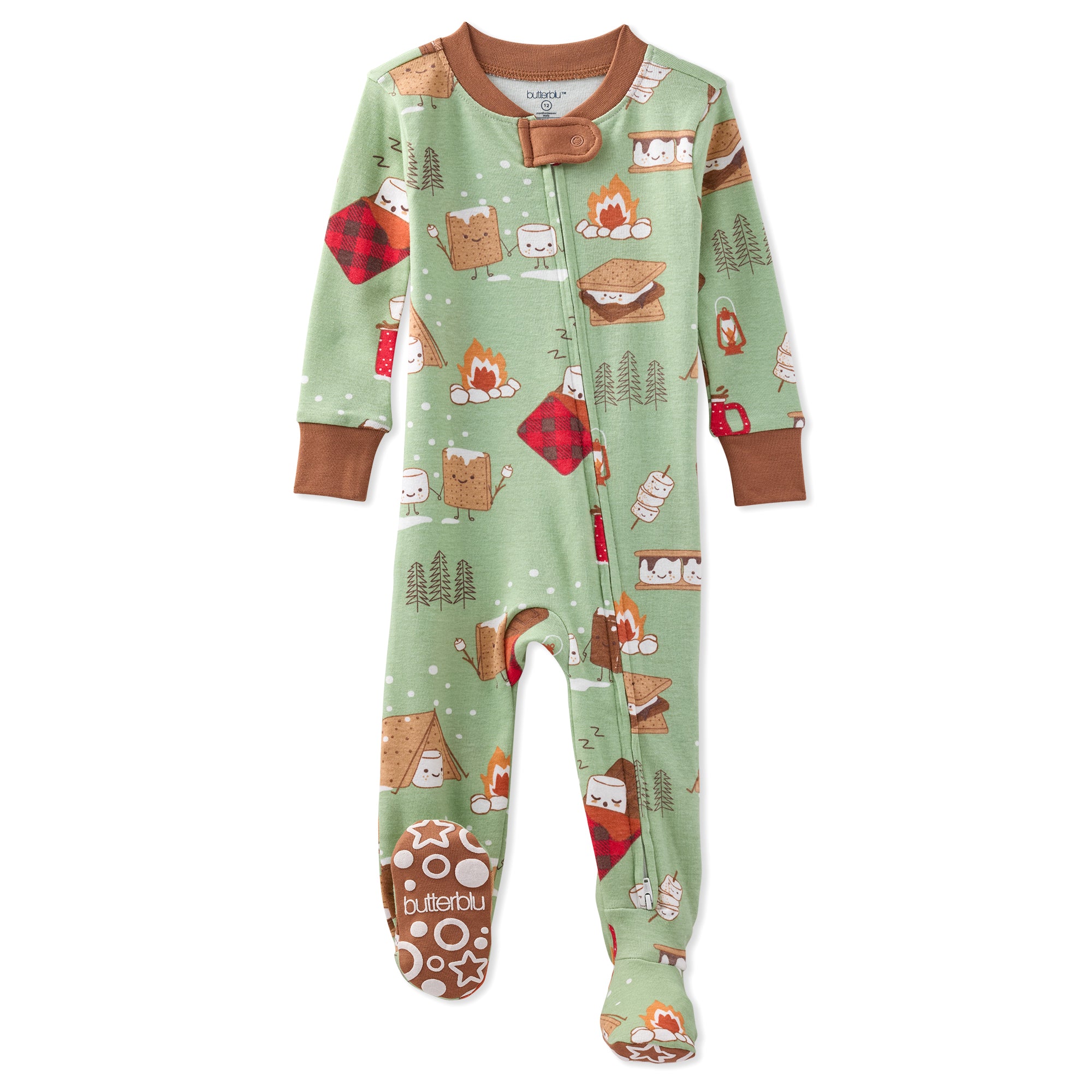 Children's onesie with camping pattern on a white background