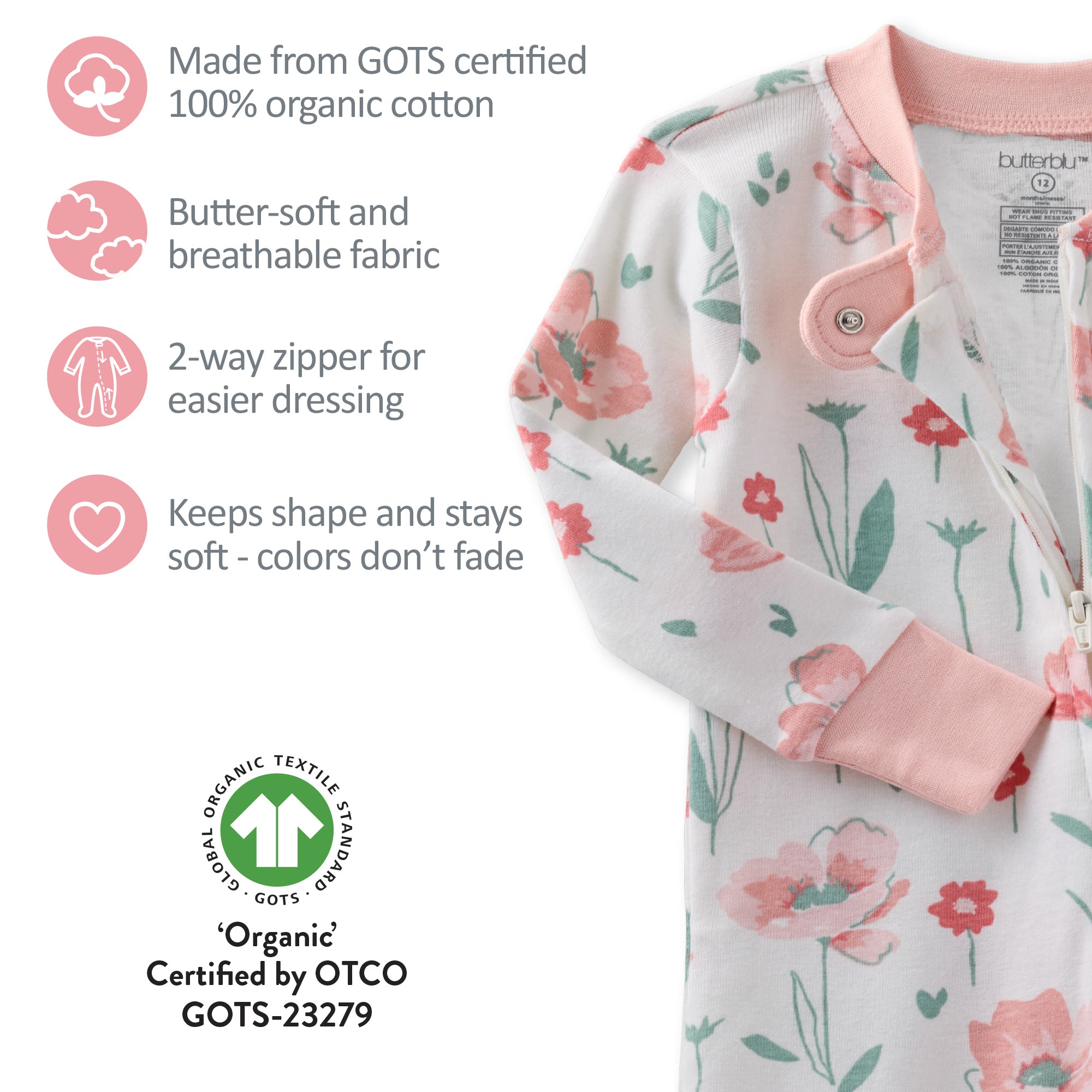 Floral-patterned baby onesie with organic cotton certification details on a white background